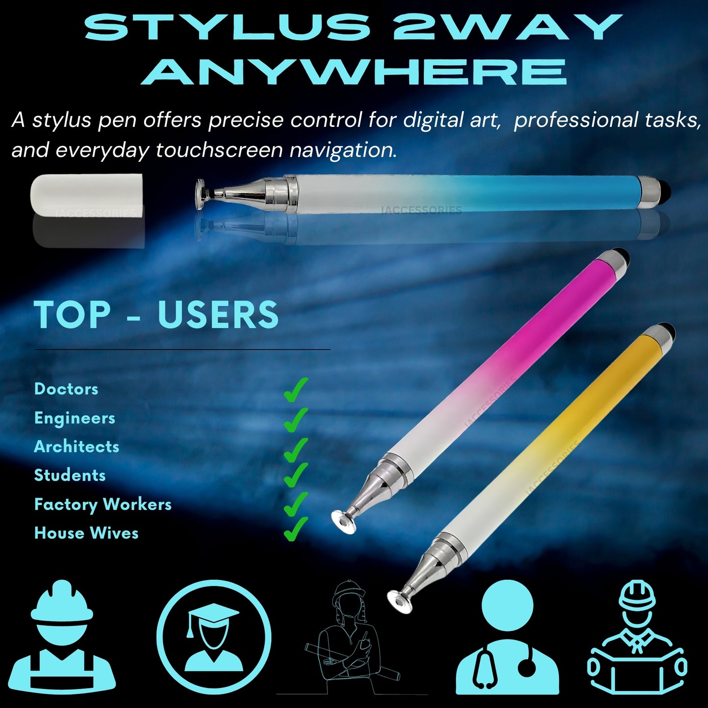 iAccessories Dual-Sided Stylus Pen for All Touch Screens - Compatible with iOS, Android Mobile Phones, Tablets - Pack of 3 (Blue, Pink, Yellow) - iAccessories