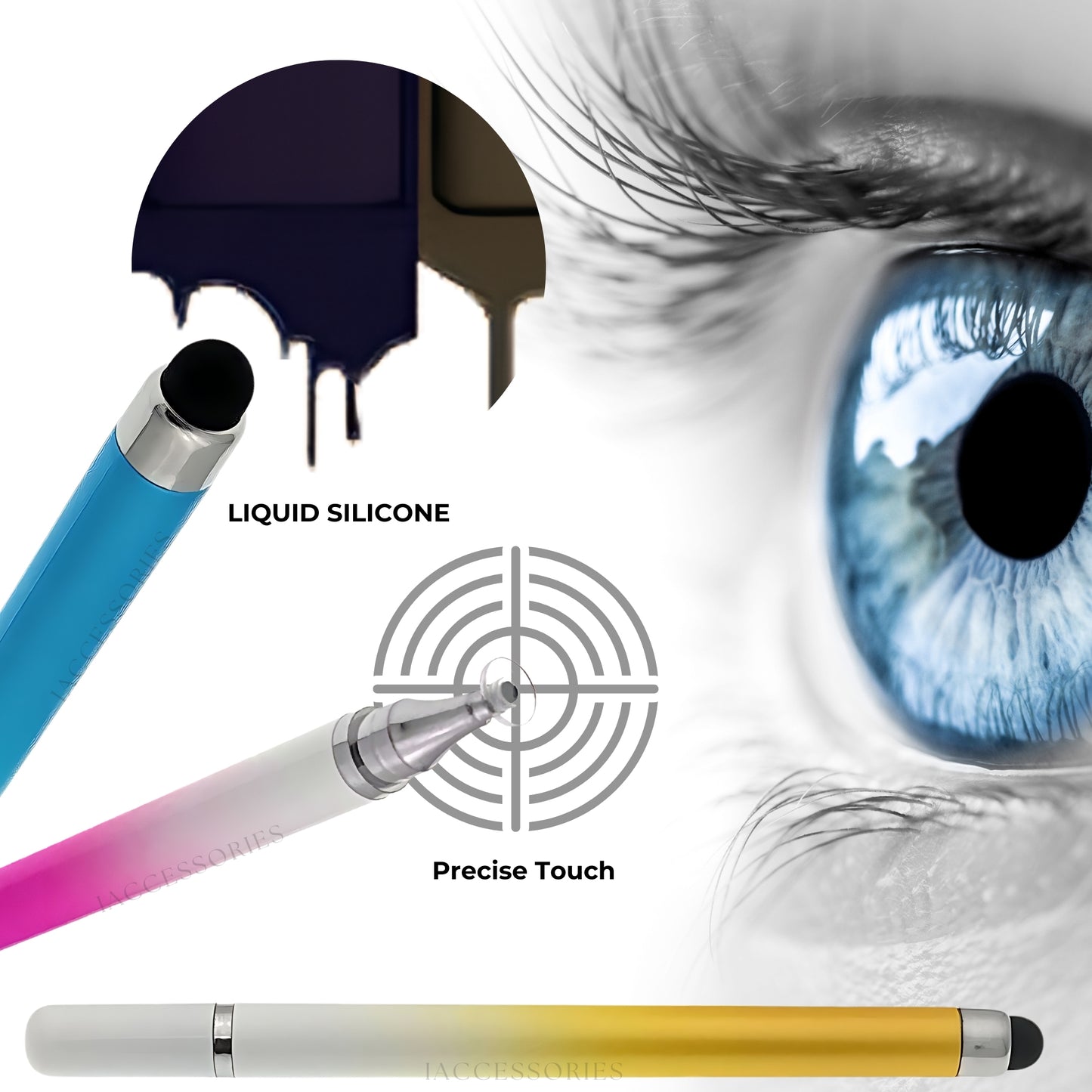 iAccessories Dual-Sided Stylus Pen for All Touch Screens - Compatible with iOS, Android Mobile Phones, Tablets - Pack of 3 (Blue, Pink, Yellow) - iAccessories