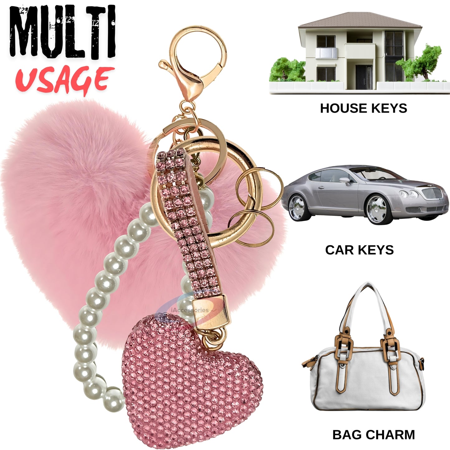 iAccessories Faux Fur Bling Heart Keychain with Pearl Pendant Charm for Girls Bags, Car, Scooty, Bike, Home Keys - Pink