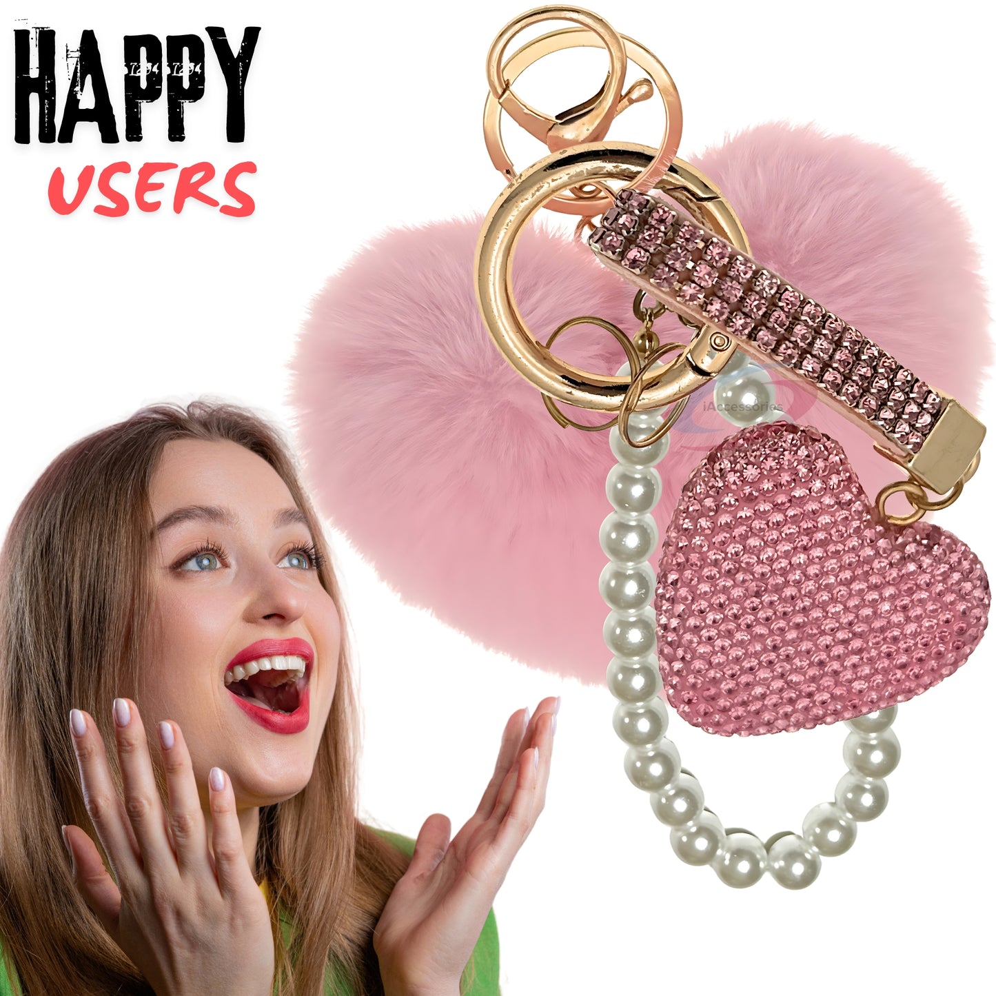 iAccessories Faux Fur Bling Heart Keychain with Pearl Pendant Charm for Girls Bags, Car, Scooty, Bike, Home Keys - Pink