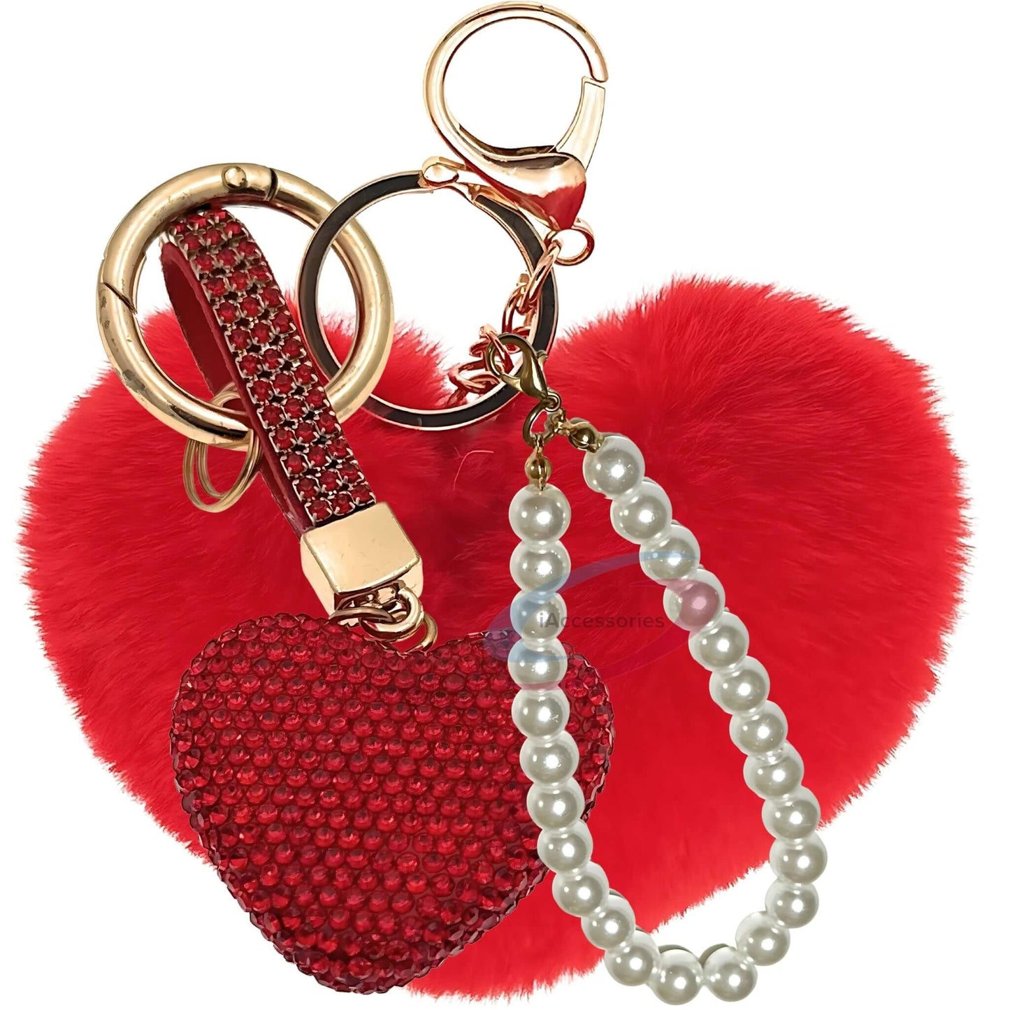 iAccessories Faux Fur Bling Heart Keychain with Pearl Pendant Charm for Girls Bags, Car, Scooty, Bike, Home Keys - Red