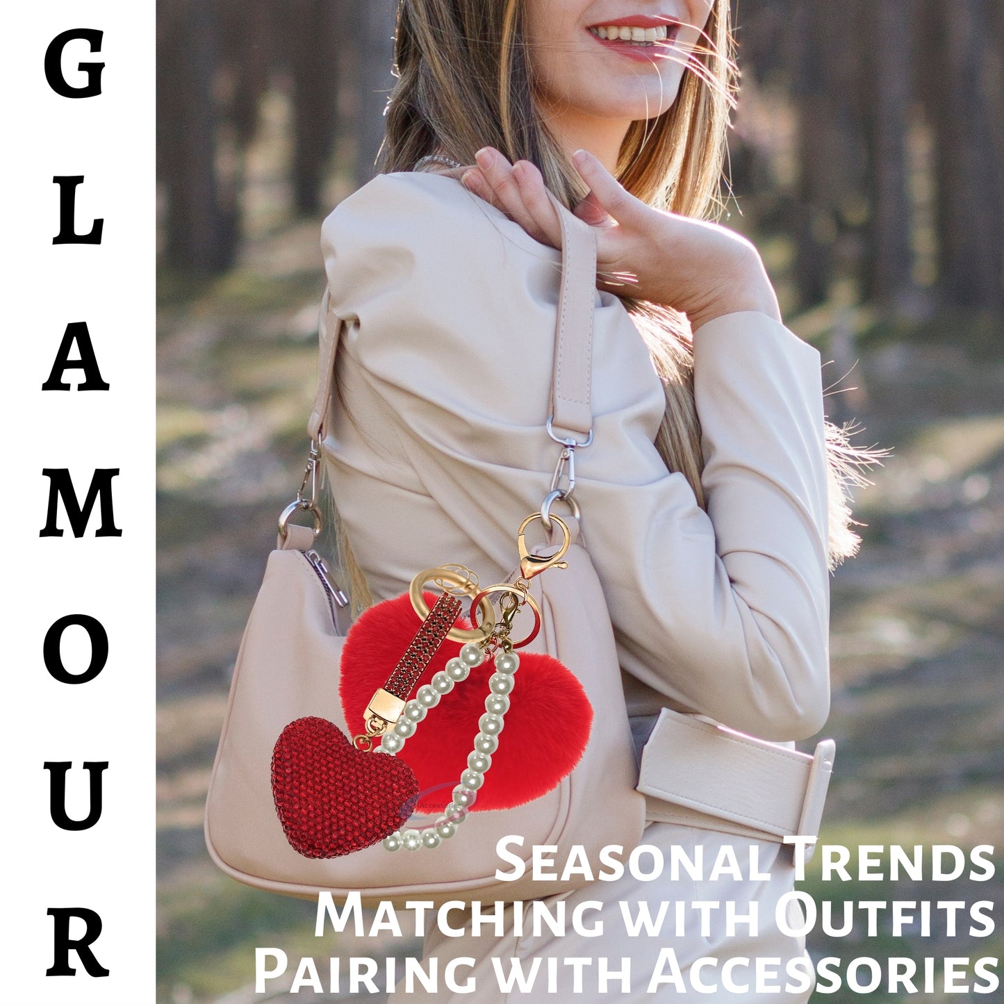 iAccessories Faux Fur Bling Heart Keychain with Pearl Pendant Charm for Girls Bags, Car, Scooty, Bike, Home Keys - Red