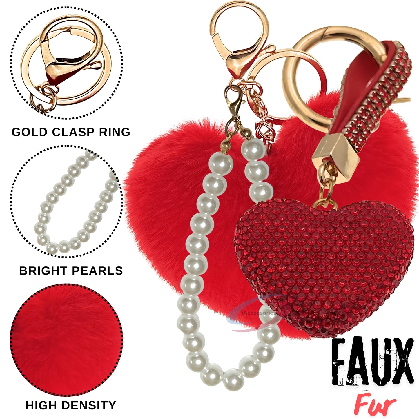iAccessories Faux Fur Bling Heart Keychain with Pearl Pendant Charm for Girls Bags, Car, Scooty, Bike, Home Keys - Red