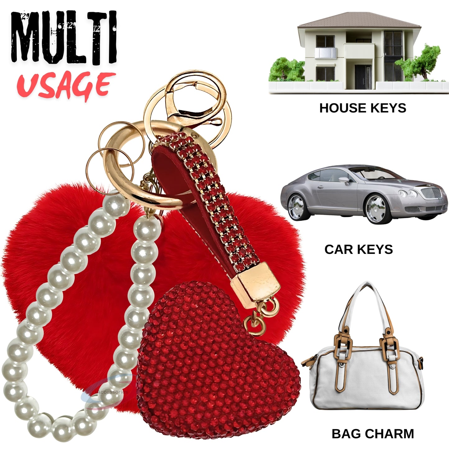 iAccessories Faux Fur Bling Heart Keychain with Pearl Pendant Charm for Girls Bags, Car, Scooty, Bike, Home Keys - Red