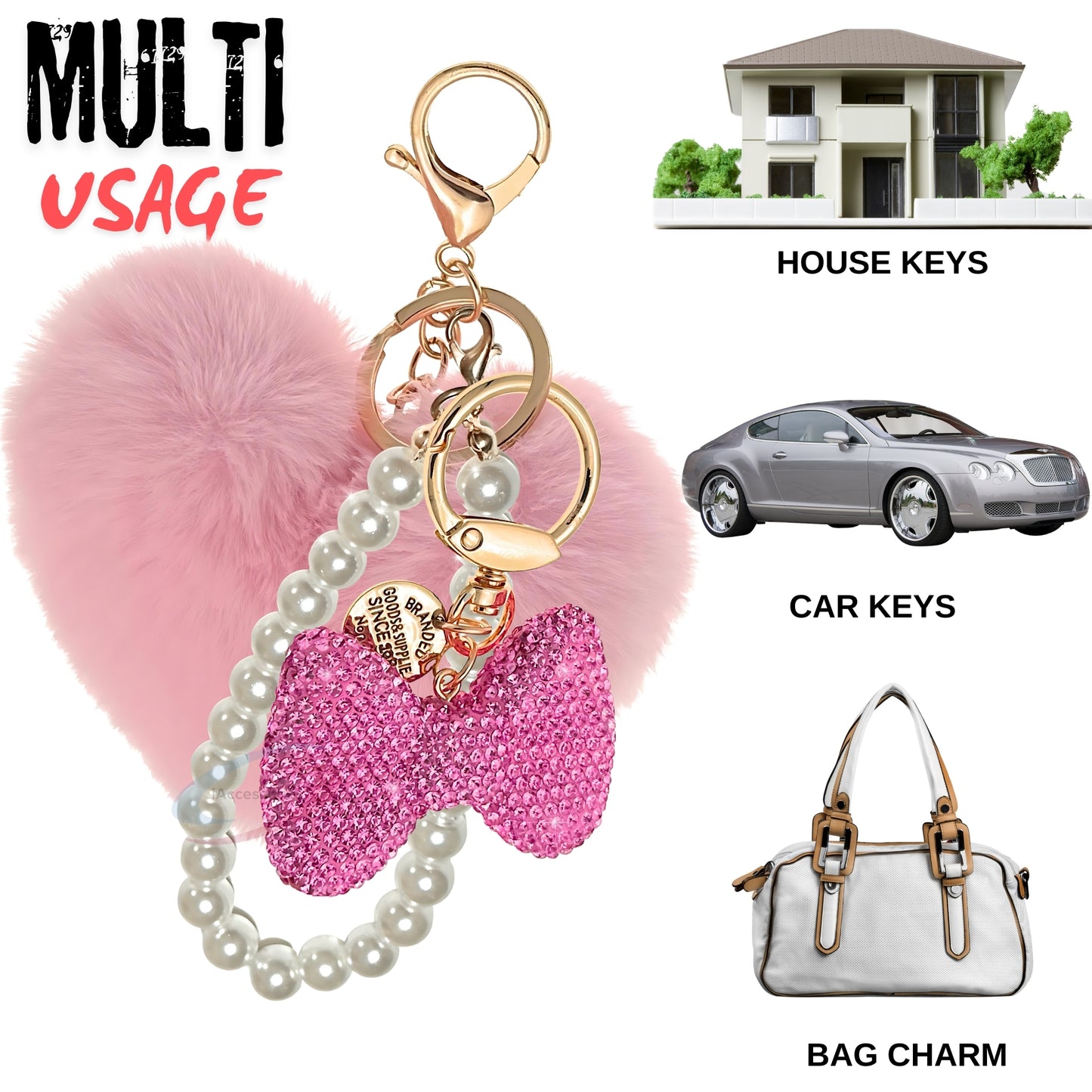 iAccessories Faux Fur Heart & Rhinestone Bow Keychain – Pink Edition - iAccessories