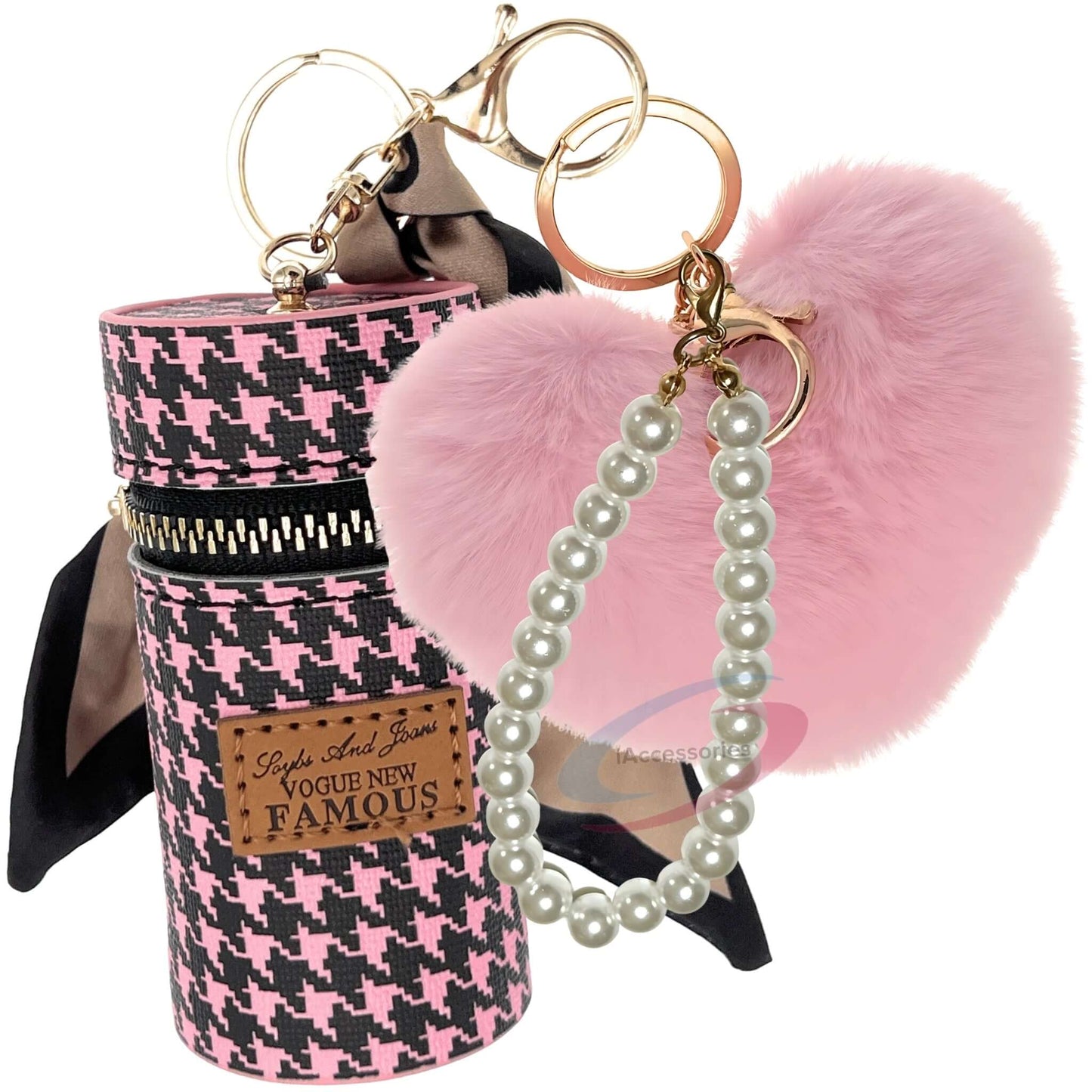 Elegant Pink Fur Heart Keychain with Pearl Charm