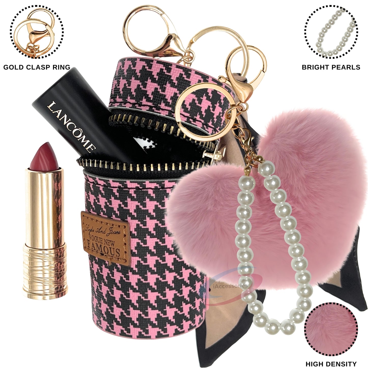 Elegant Pink Fur Heart Keychain with Pearl Charm