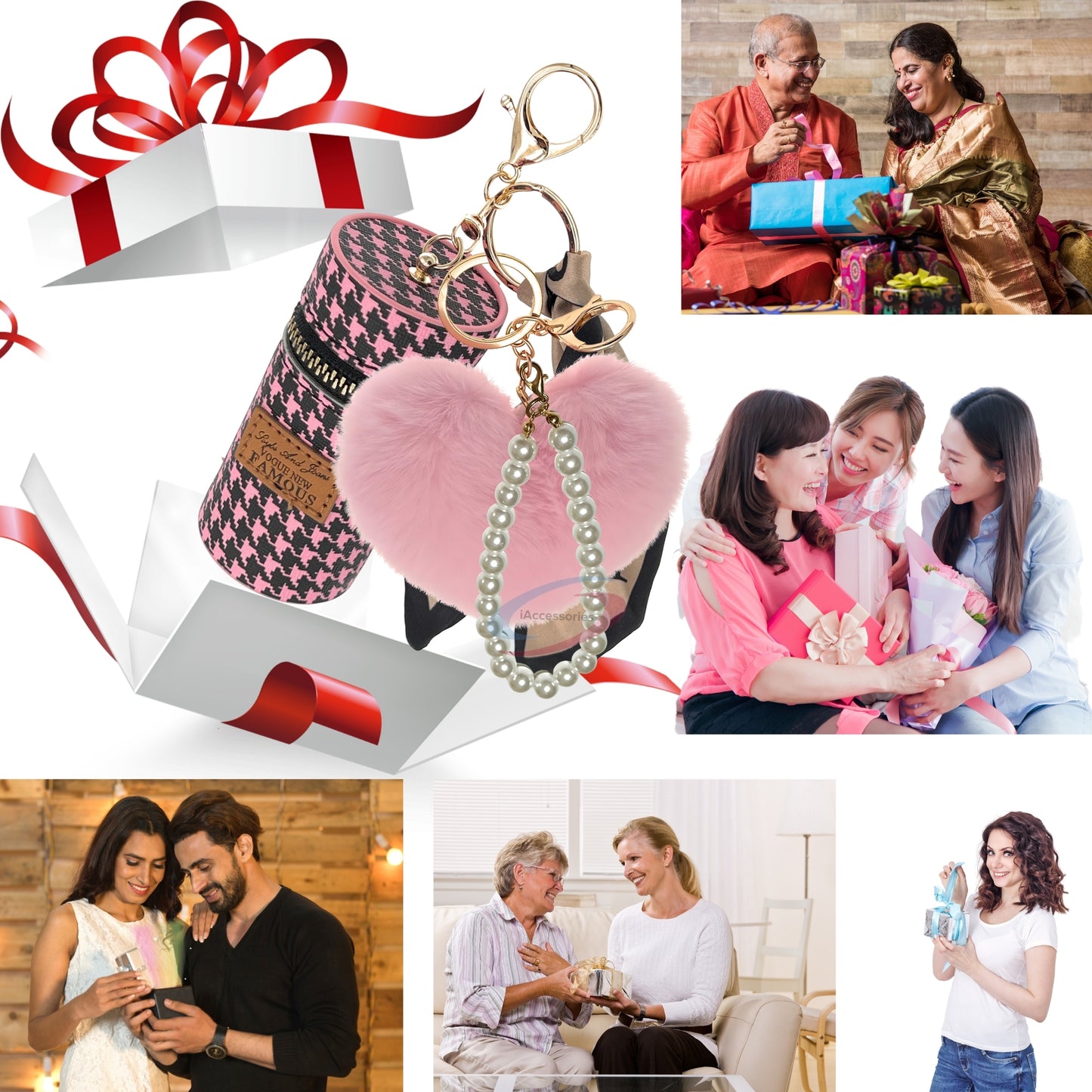Elegant Pink Fur Heart Keychain with Pearl Charm