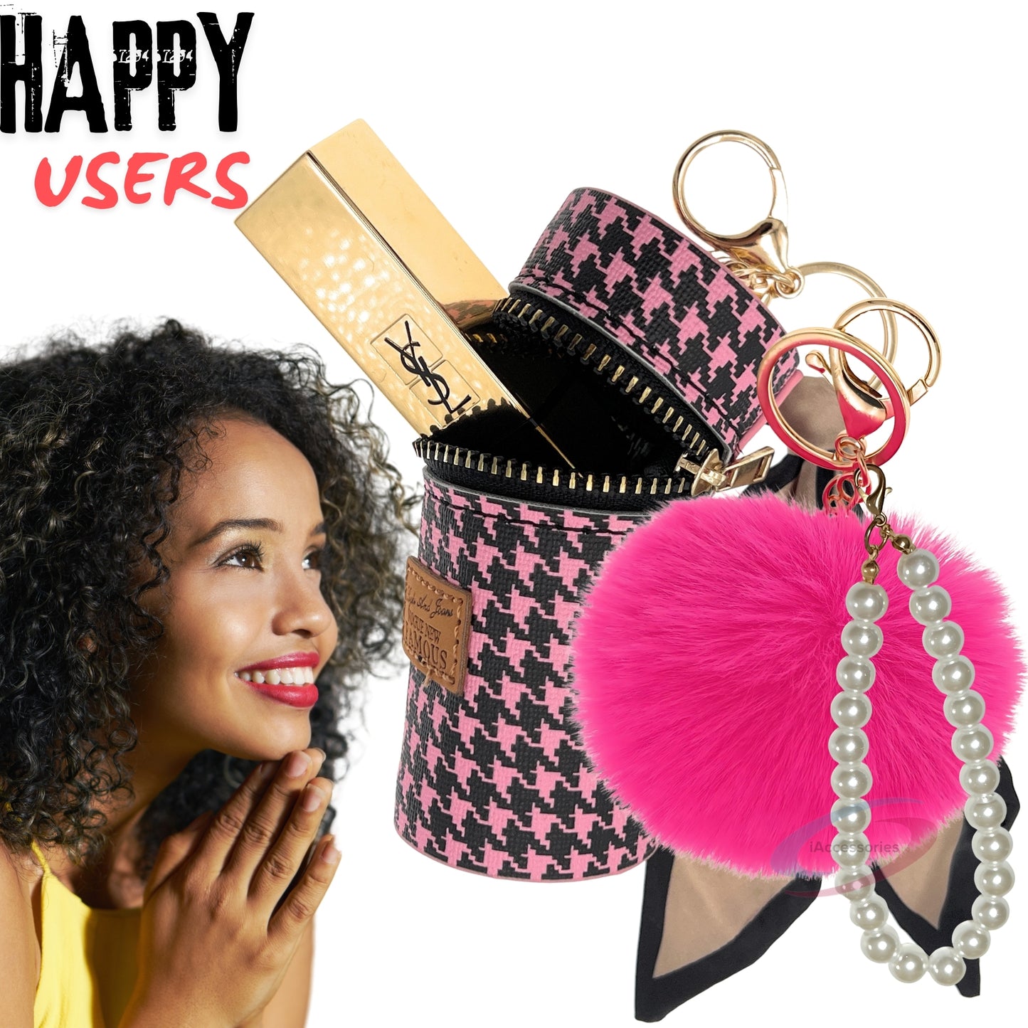 iAccessories Faux Fur Pom Pom Ball Pearl Pendant Bag Key Ring | Keychain Charm for Girls Bags, Wallets and Luggage - Pink | Hotpink