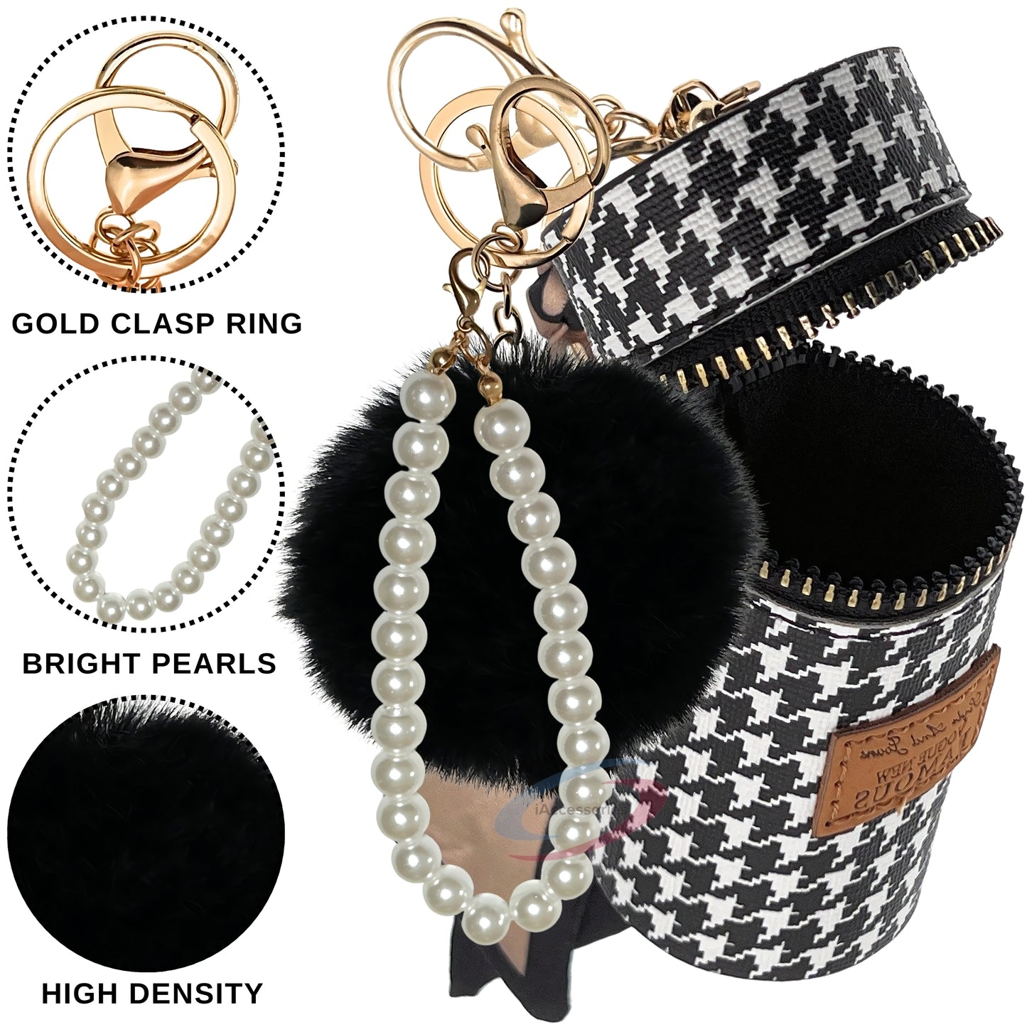 iAccessories Faux Fur Pom Pom Ball Pearl Pendant Bag Keychain Charm for Girls - Ideal for Bags, Cars, Scooty, Bikes & Home Decor - White | Black - iAccessories