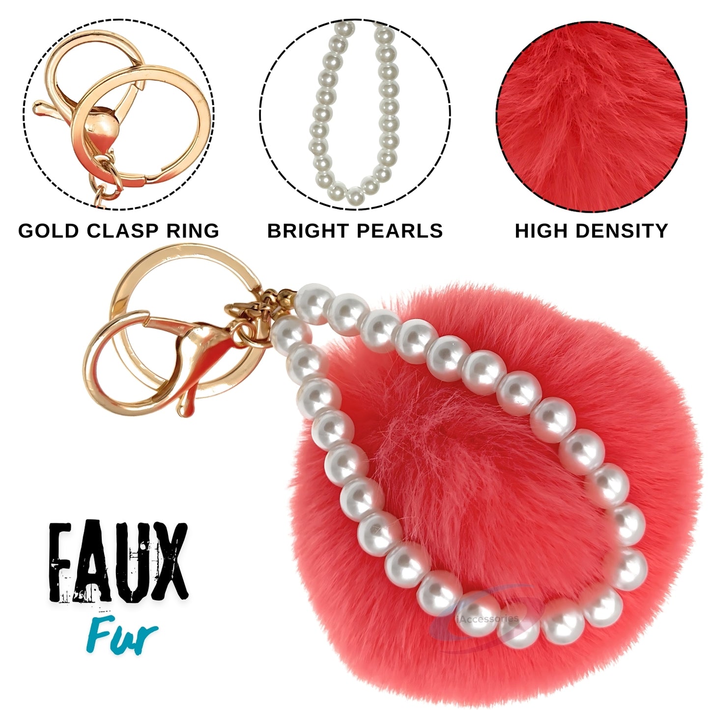 iAccessories Faux Fur Pompom with Pearls Keychain Charm - Coral Red for Girls' Bags, Cars, Scooty, Bike, Home Keys - iAccessories