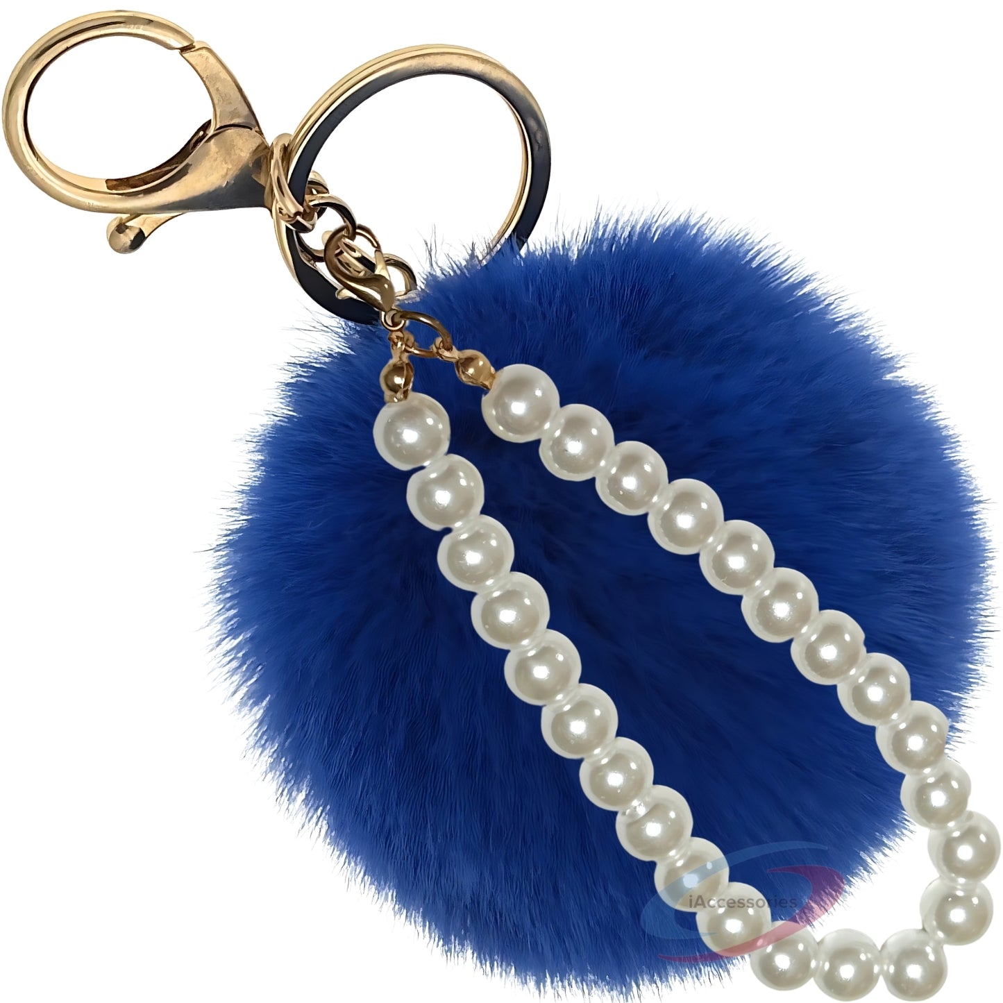 iAccessories Faux Fur Pompom with Pearls Keychain Charm - Drak Blue for Girls' Bags, Cars, Scooty, Bike, Home Keys - iAccessories