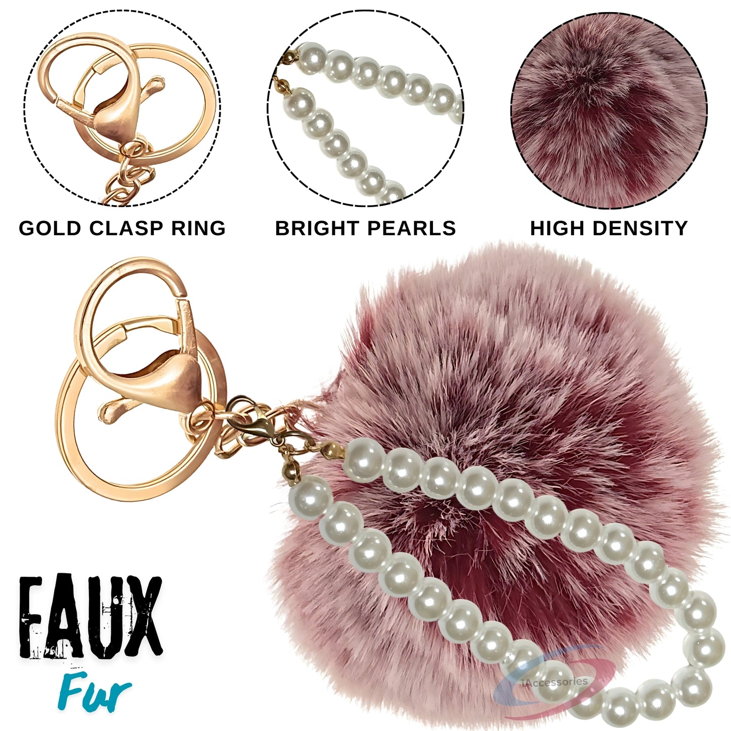 iAccessories Faux Fur Pompom with Pearls Keychain Charm - Frosted Red Color for Girls' Bags, Cars, Scooty, Bike, Home Keys - iAccessories