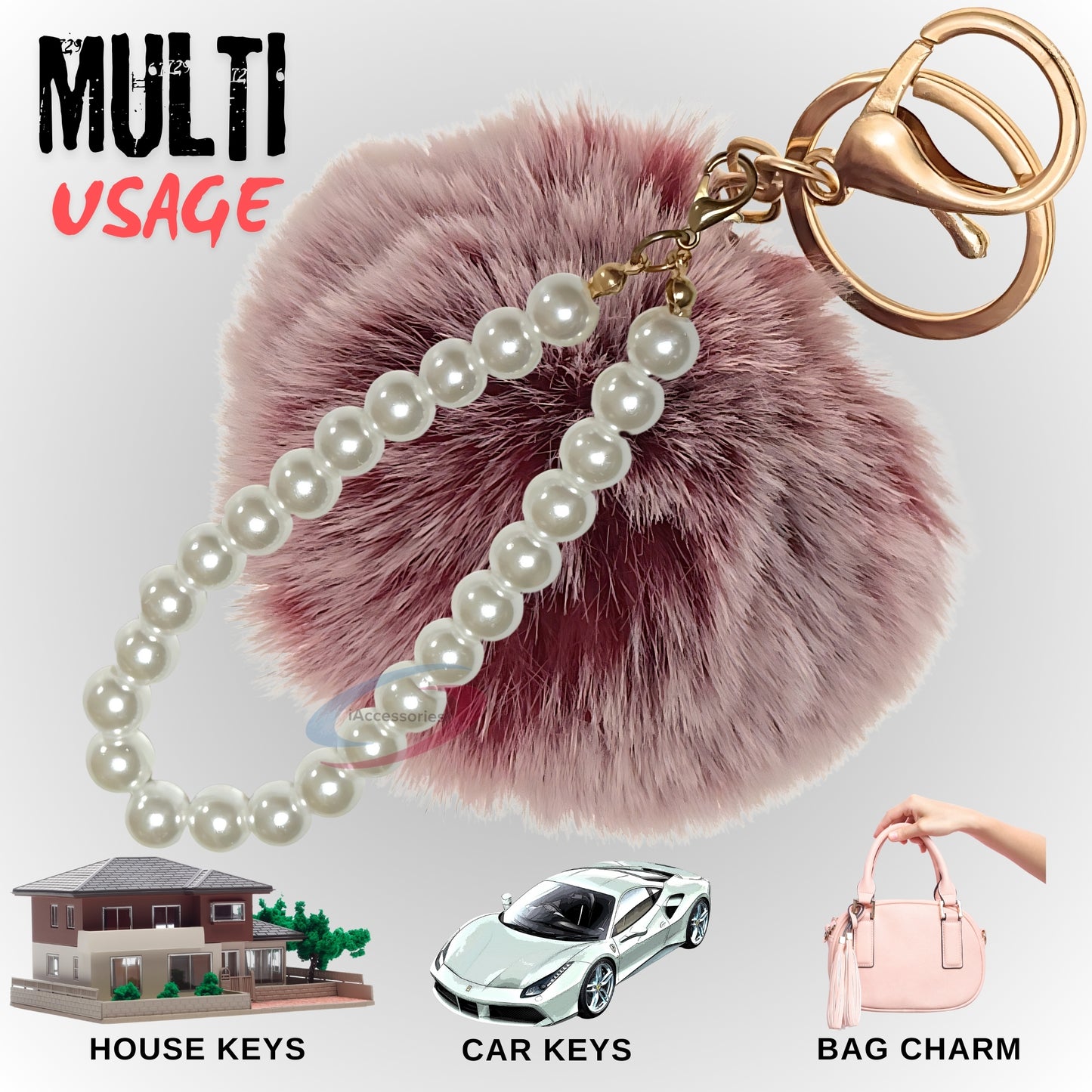 iAccessories Faux Fur Pompom with Pearls Keychain Charm - Frosted Red Color for Girls' Bags, Cars, Scooty, Bike, Home Keys - iAccessories