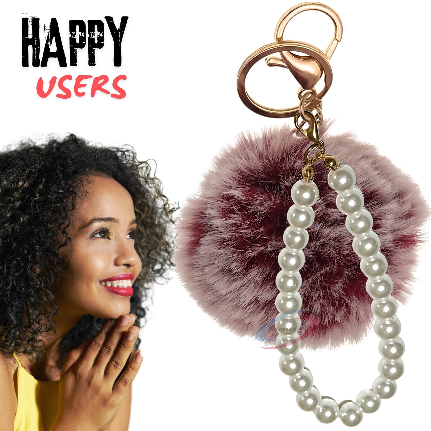 iAccessories Faux Fur Pompom with Pearls Keychain Charm - Frosted Red Color for Girls' Bags, Cars, Scooty, Bike, Home Keys - iAccessories