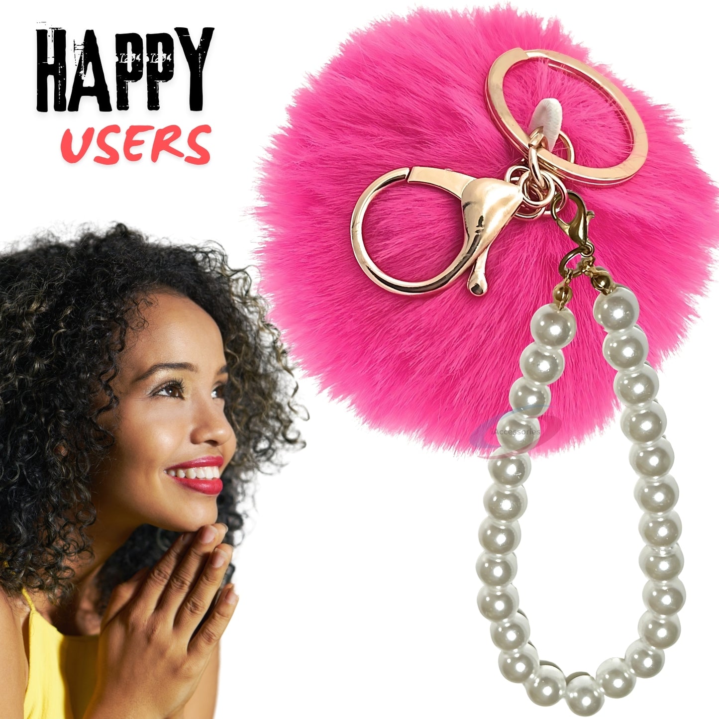 iAccessories Faux Fur Pompom with Pearls Keychain Charm - Hot Pink for Girls' Bags, Cars, Scooty, Bike, Home Keys - iAccessories