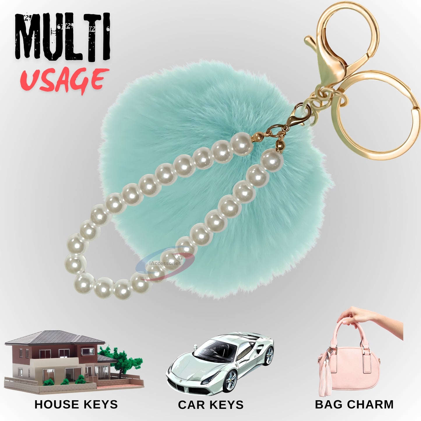 iAccessories Faux Fur Pompom with Pearls Keychain Charm - Mint Green for Girls' Bags, Cars, Scooty, Bike, Home Keys - iAccessories