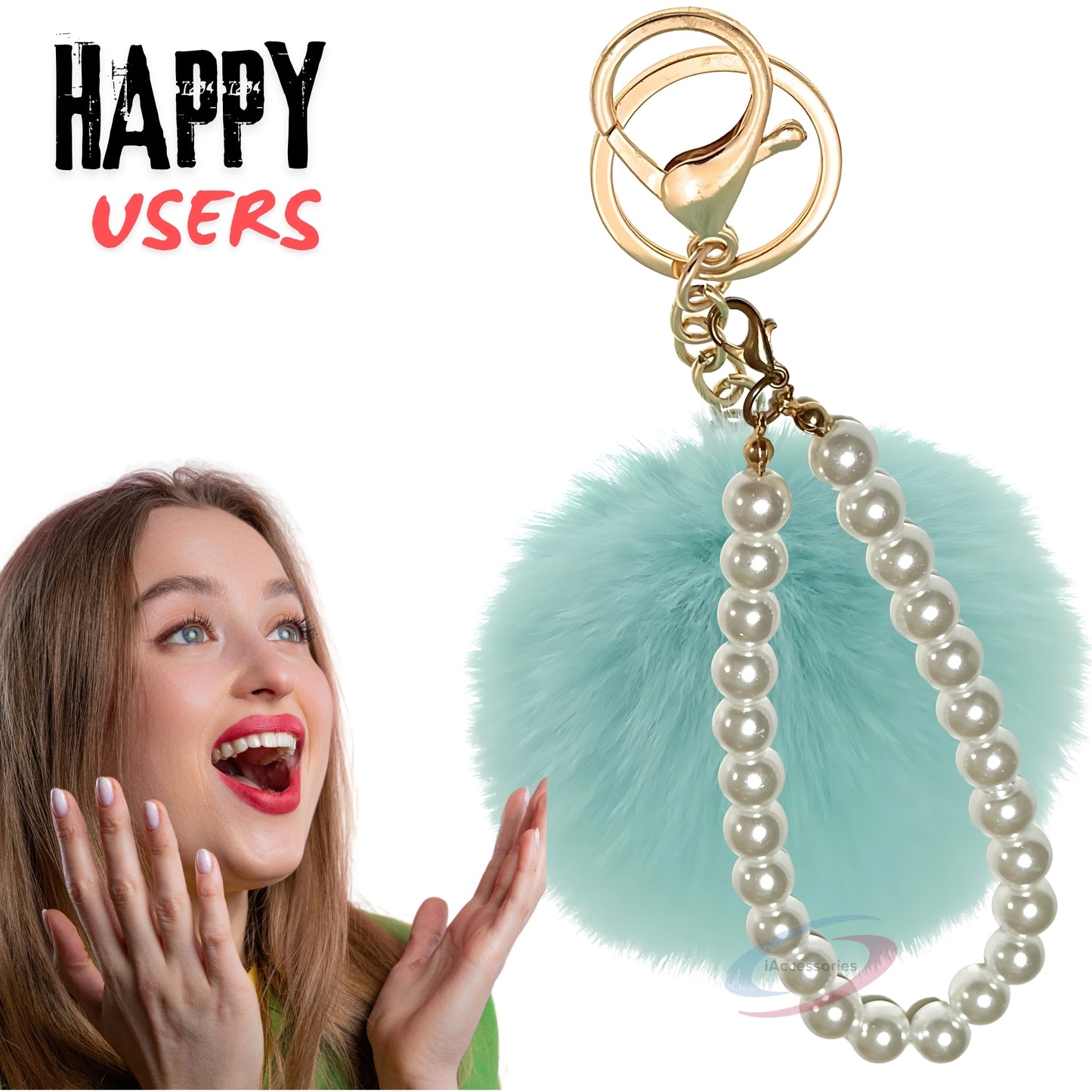 iAccessories Faux Fur Pompom with Pearls Keychain Charm - Mint Green for Girls' Bags, Cars, Scooty, Bike, Home Keys - iAccessories