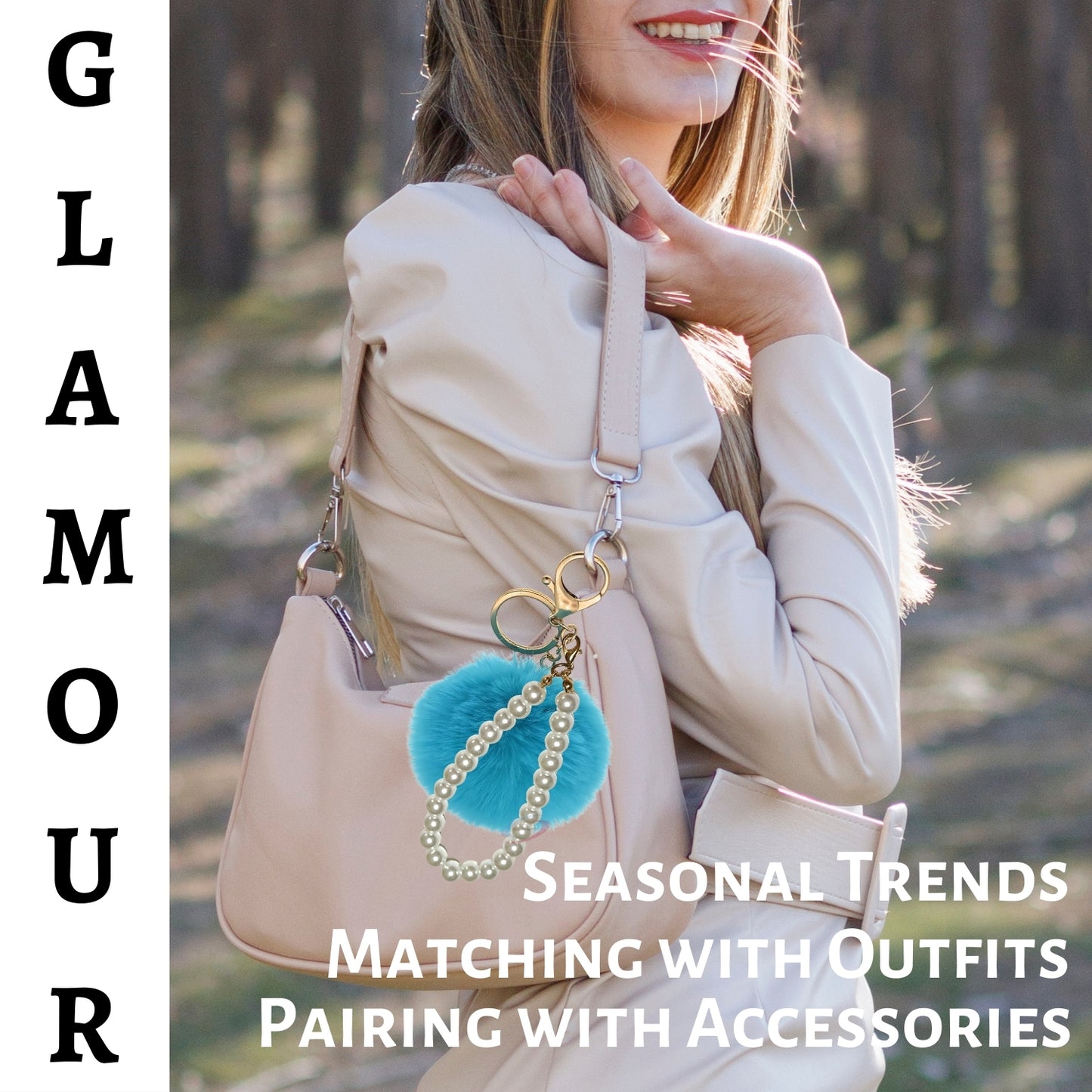 iAccessories Faux Fur Pompom with Pearls Keychain Charm - Peacock Blue for Girls' Bags, Cars, Scooty, Bike, Home Keys - iAccessories