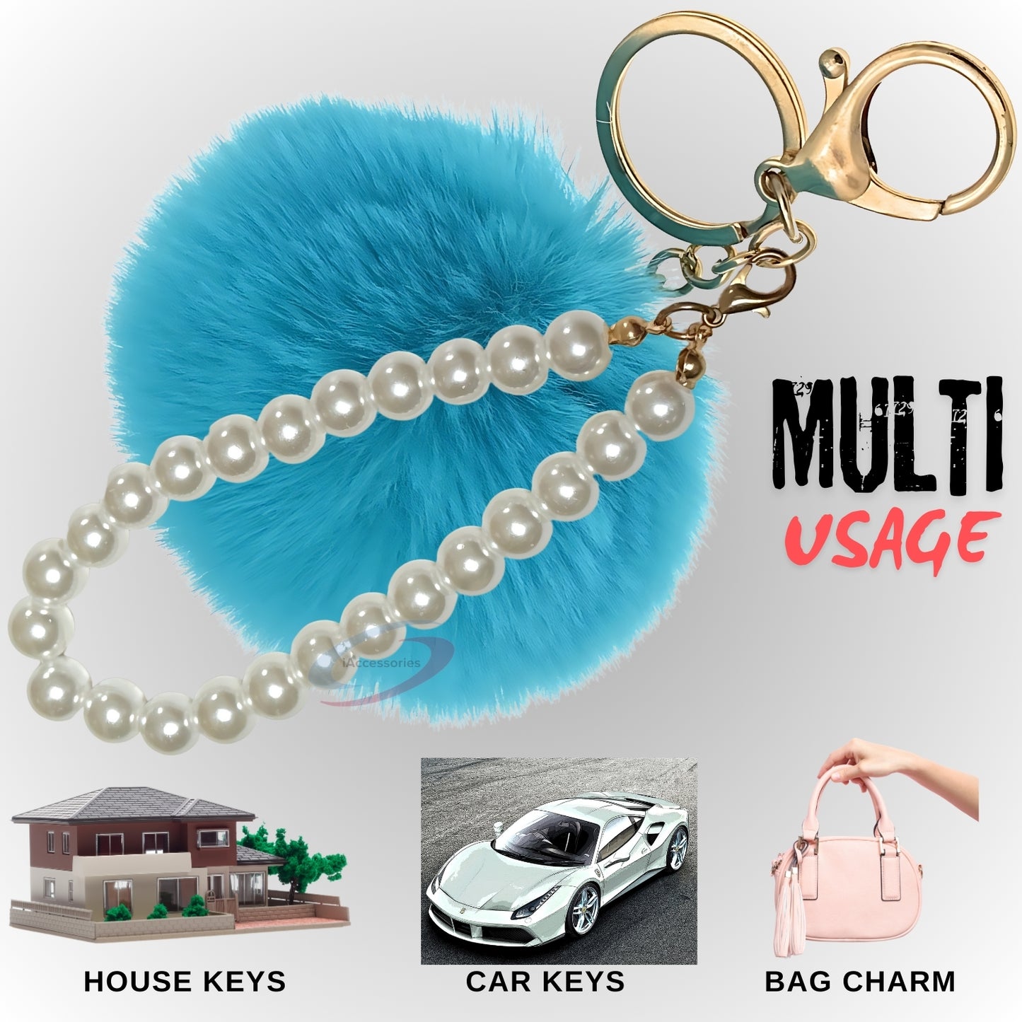 iAccessories Faux Fur Pompom with Pearls Keychain Charm - Peacock Blue for Girls' Bags, Cars, Scooty, Bike, Home Keys - iAccessories