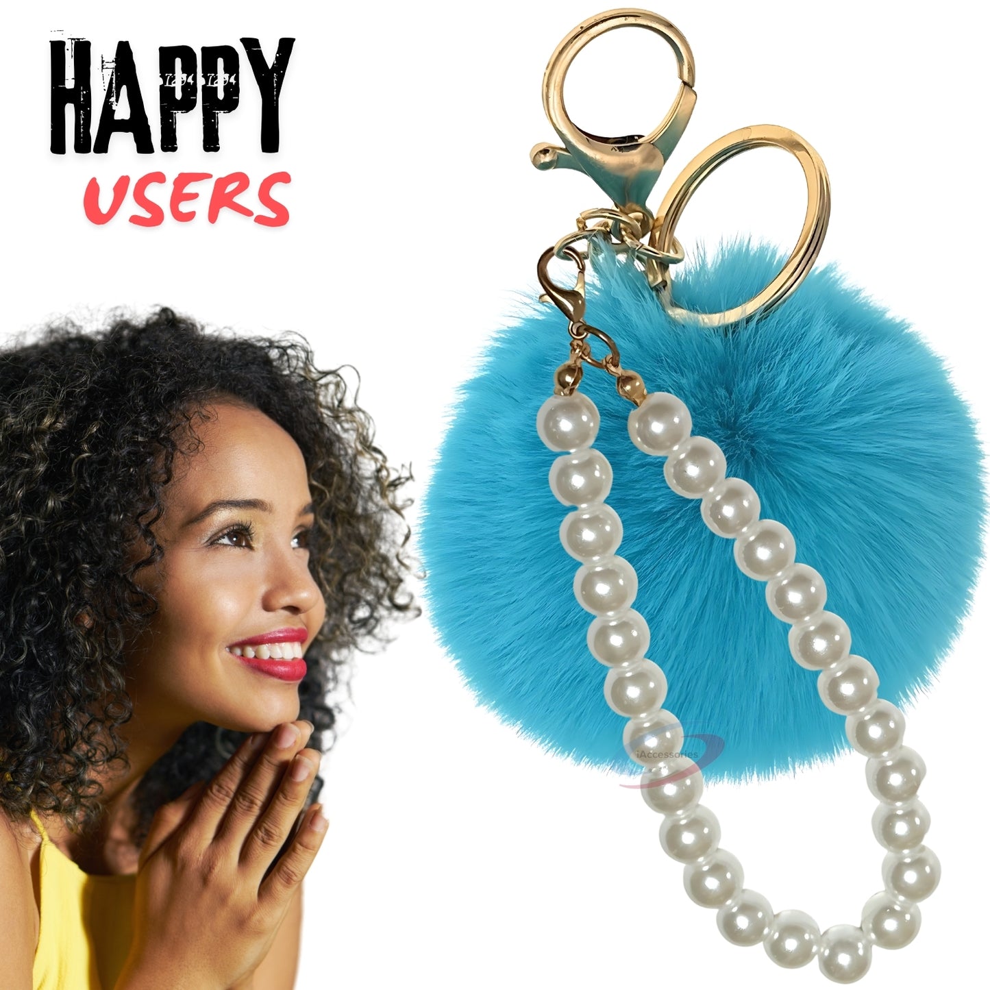 iAccessories Faux Fur Pompom with Pearls Keychain Charm - Peacock Blue for Girls' Bags, Cars, Scooty, Bike, Home Keys - iAccessories