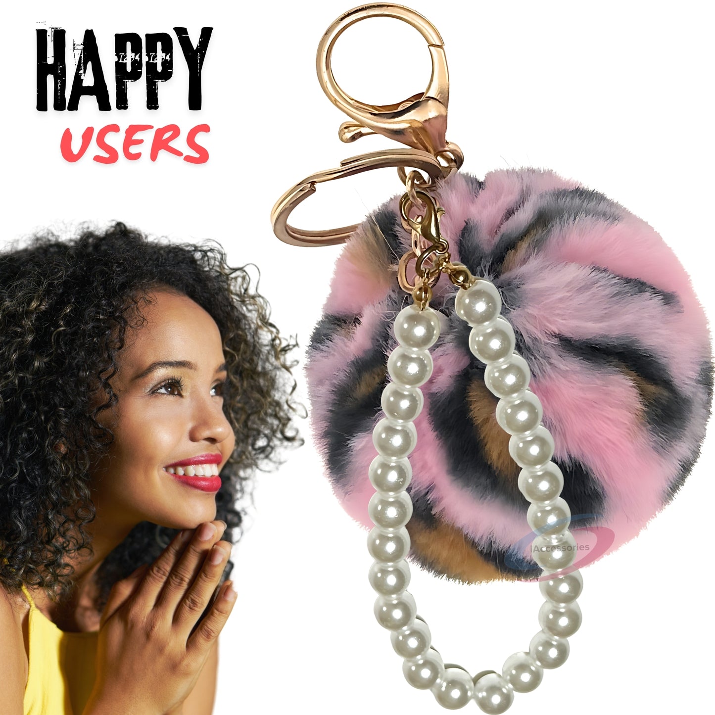 iAccessories Faux Fur Pompom with Pearls Keychain Charm - Pink Lepo for Girls Bags, Cars, Scooty, Bike, Home Keys - iAccessories