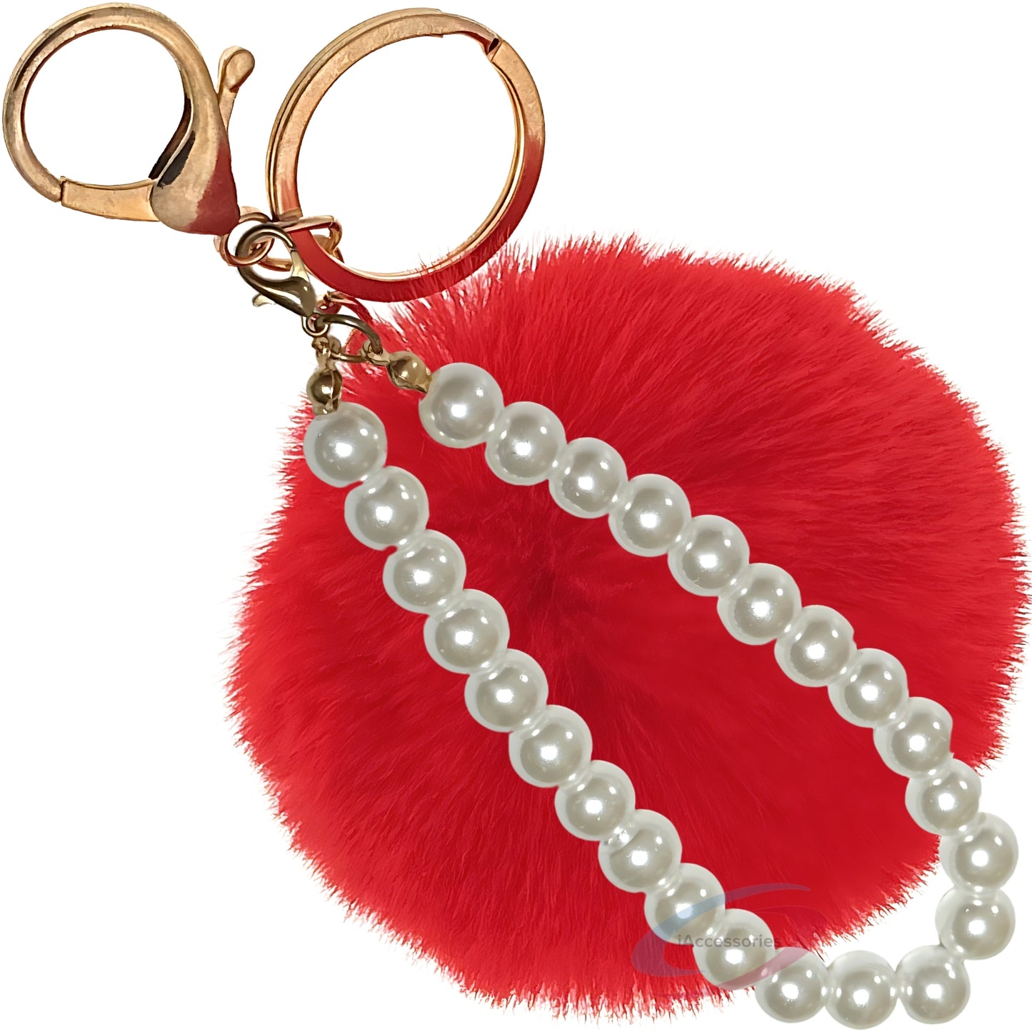 iAccessories Faux Fur Pompom with Pearls Keychain Charm - Red Color for Girls' Bags, Cars, Scooty, Bike, Home Keys - iAccessories