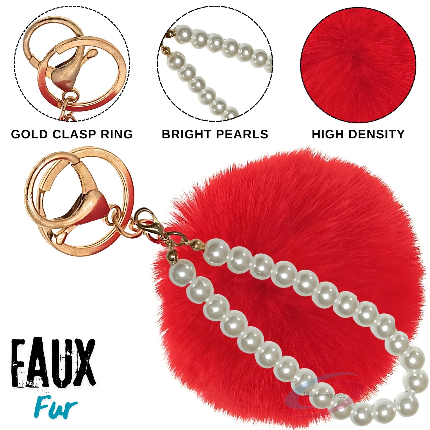 iAccessories Faux Fur Pompom with Pearls Keychain Charm - Red Color for Girls' Bags, Cars, Scooty, Bike, Home Keys - iAccessories