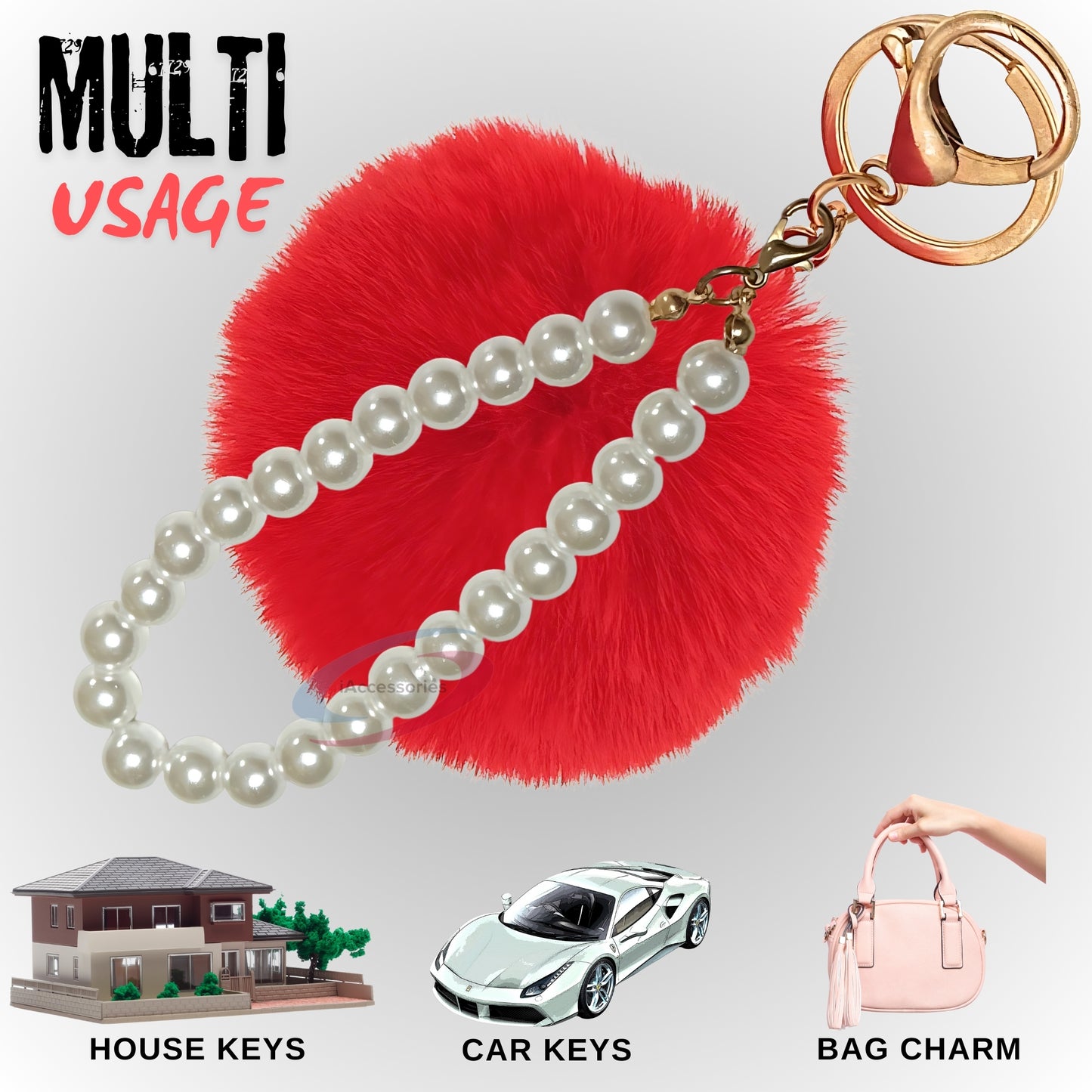 iAccessories Faux Fur Pompom with Pearls Keychain Charm - Red Color for Girls' Bags, Cars, Scooty, Bike, Home Keys - iAccessories