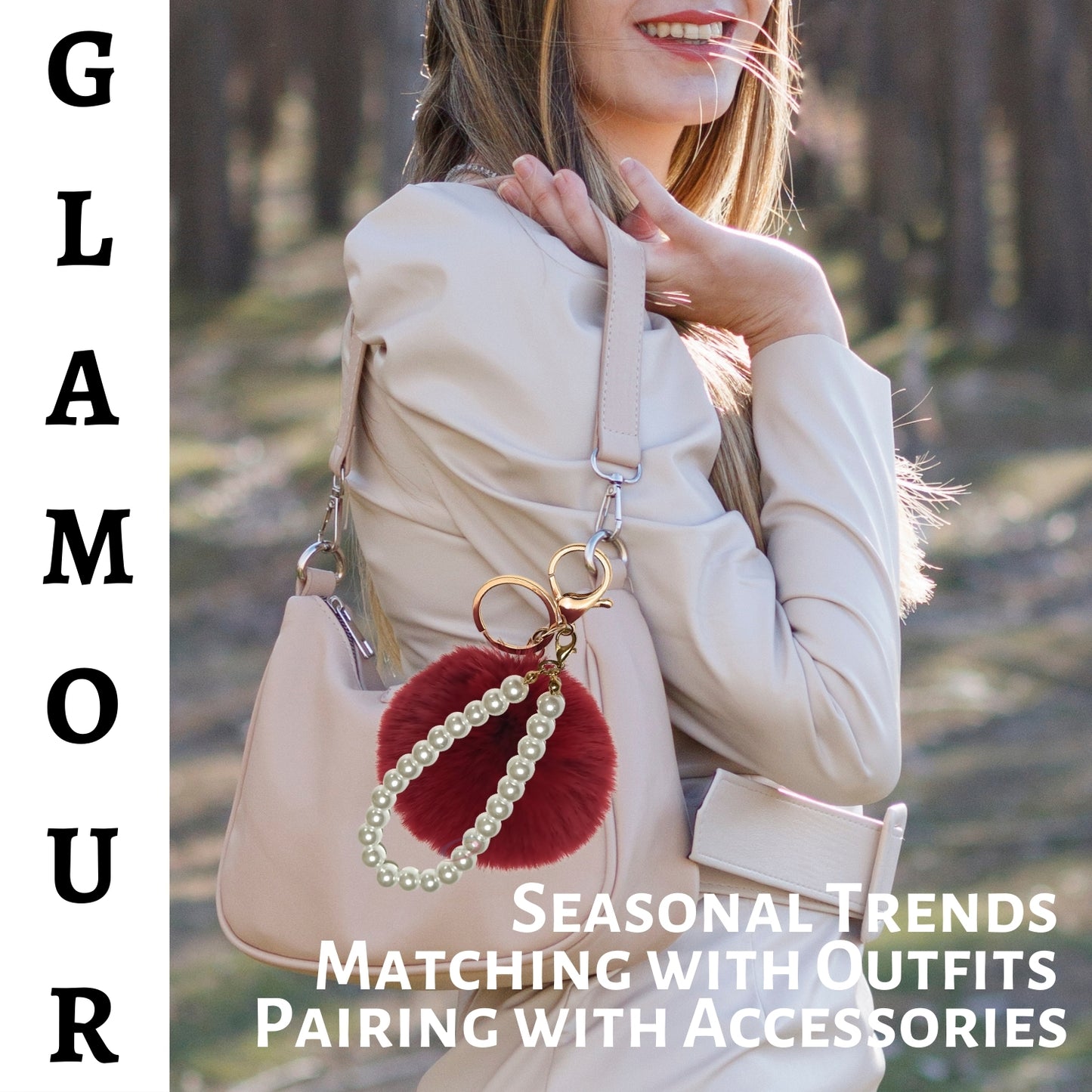 iAccessories Faux Fur Pompom with Pearls Keychain Charm - Wine Red for Girls' Bags, Cars, Scooty, Bike, Home Keys - iAccessories