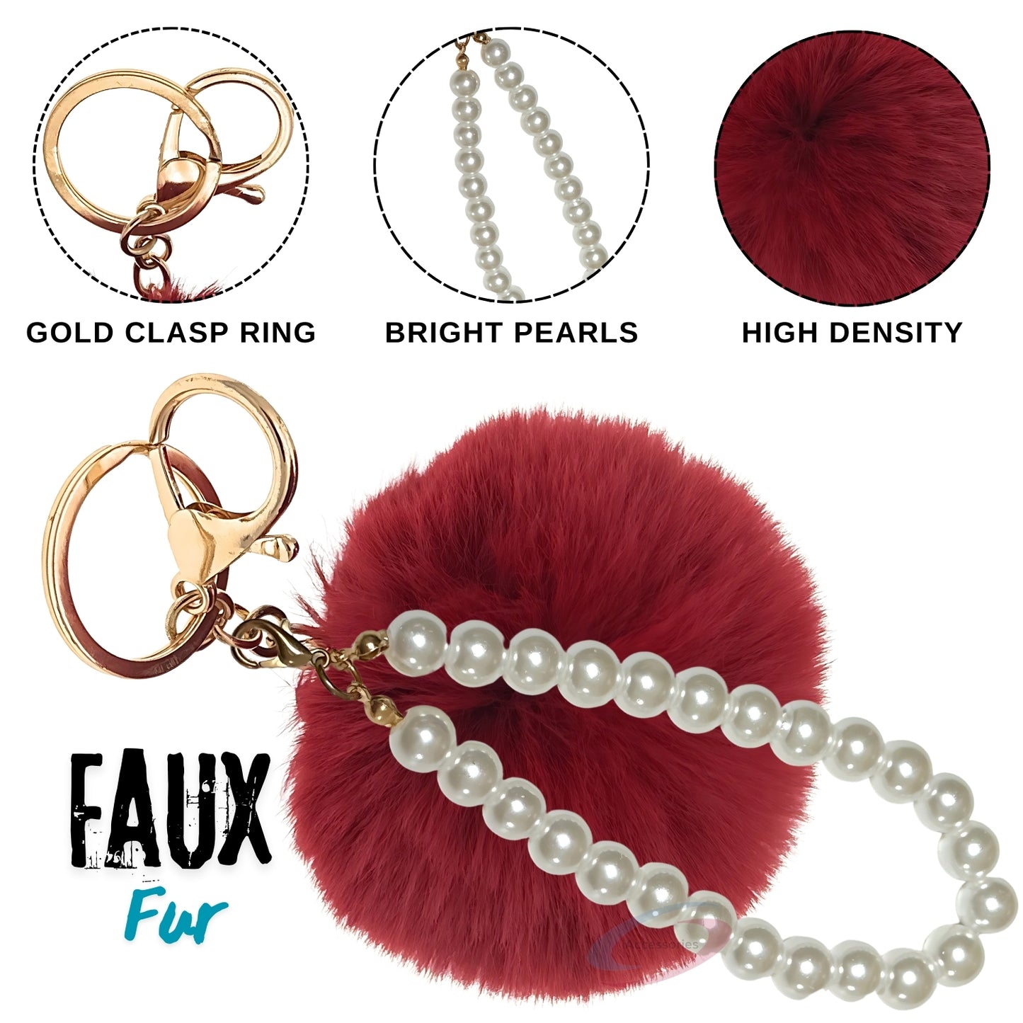 iAccessories Faux Fur Pompom with Pearls Keychain Charm - Wine Red for Girls' Bags, Cars, Scooty, Bike, Home Keys - iAccessories
