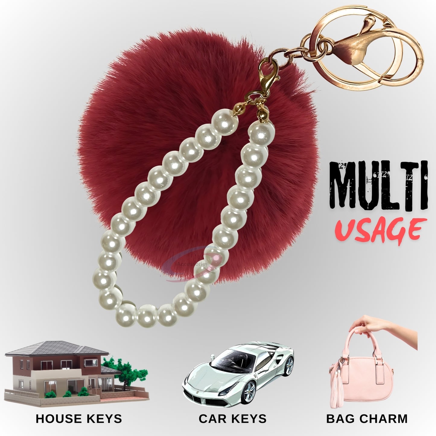 iAccessories Faux Fur Pompom with Pearls Keychain Charm - Wine Red for Girls' Bags, Cars, Scooty, Bike, Home Keys - iAccessories