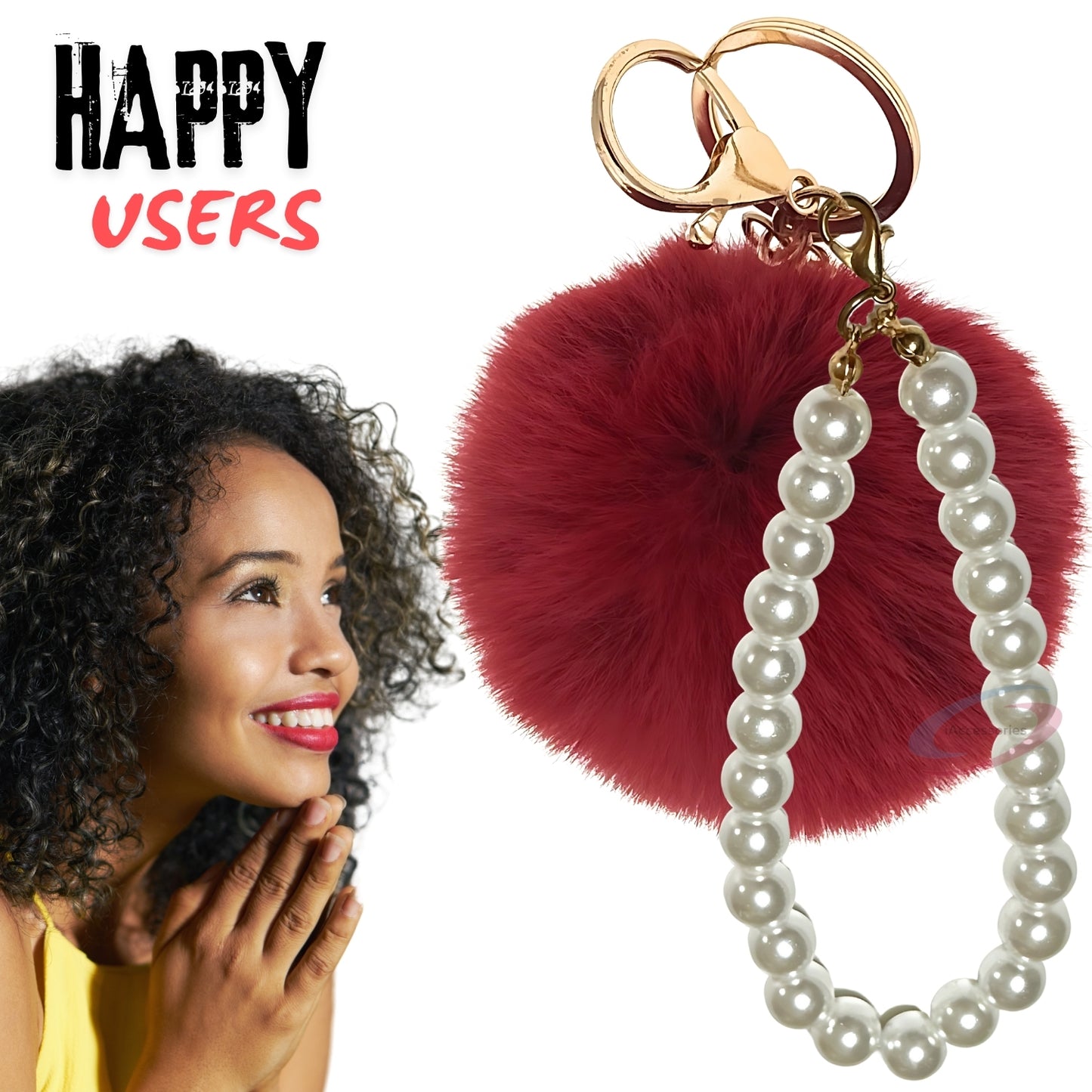 iAccessories Faux Fur Pompom with Pearls Keychain Charm - Wine Red for Girls' Bags, Cars, Scooty, Bike, Home Keys - iAccessories