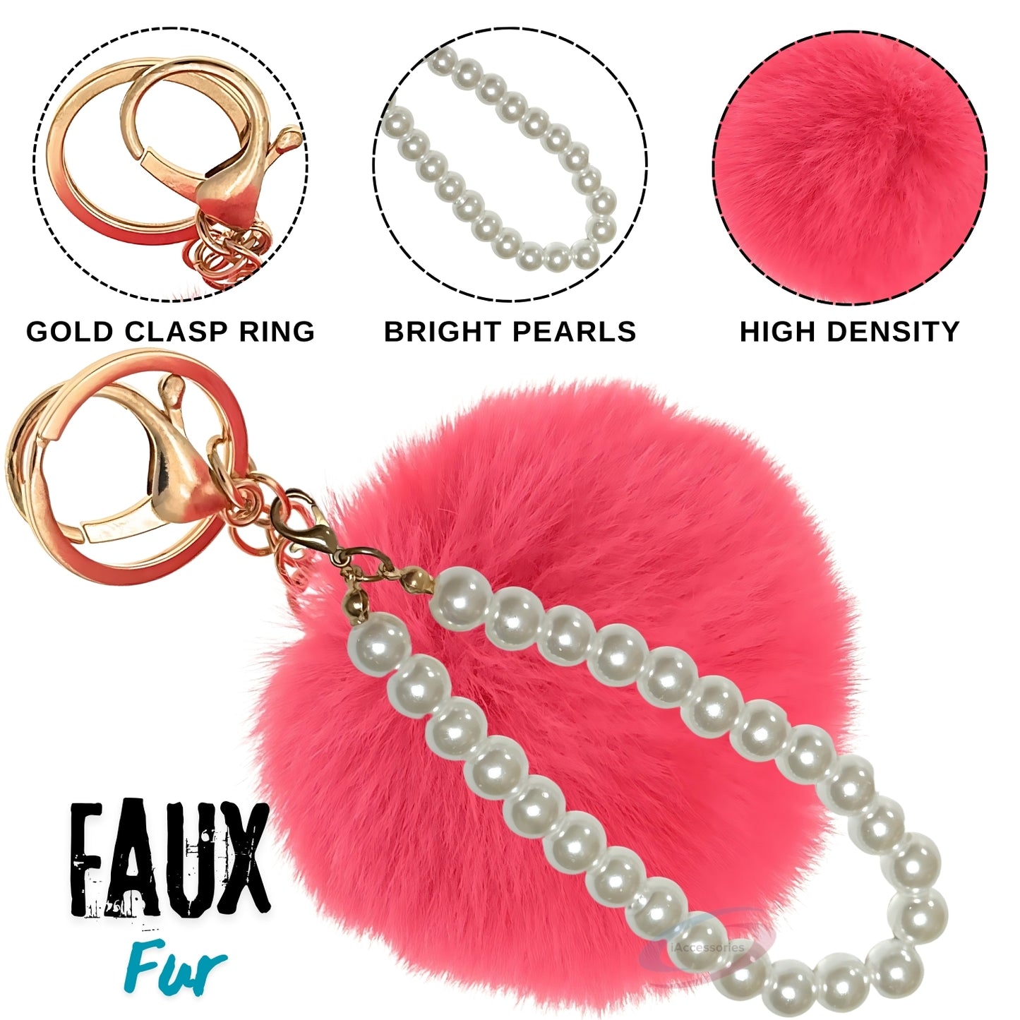 iAccessories Faux Fur Pompom with Pearls Keychain Charm - Rose Color for Girls' Bags, Cars, Scooty, Bike, Home Keys - iAccessories