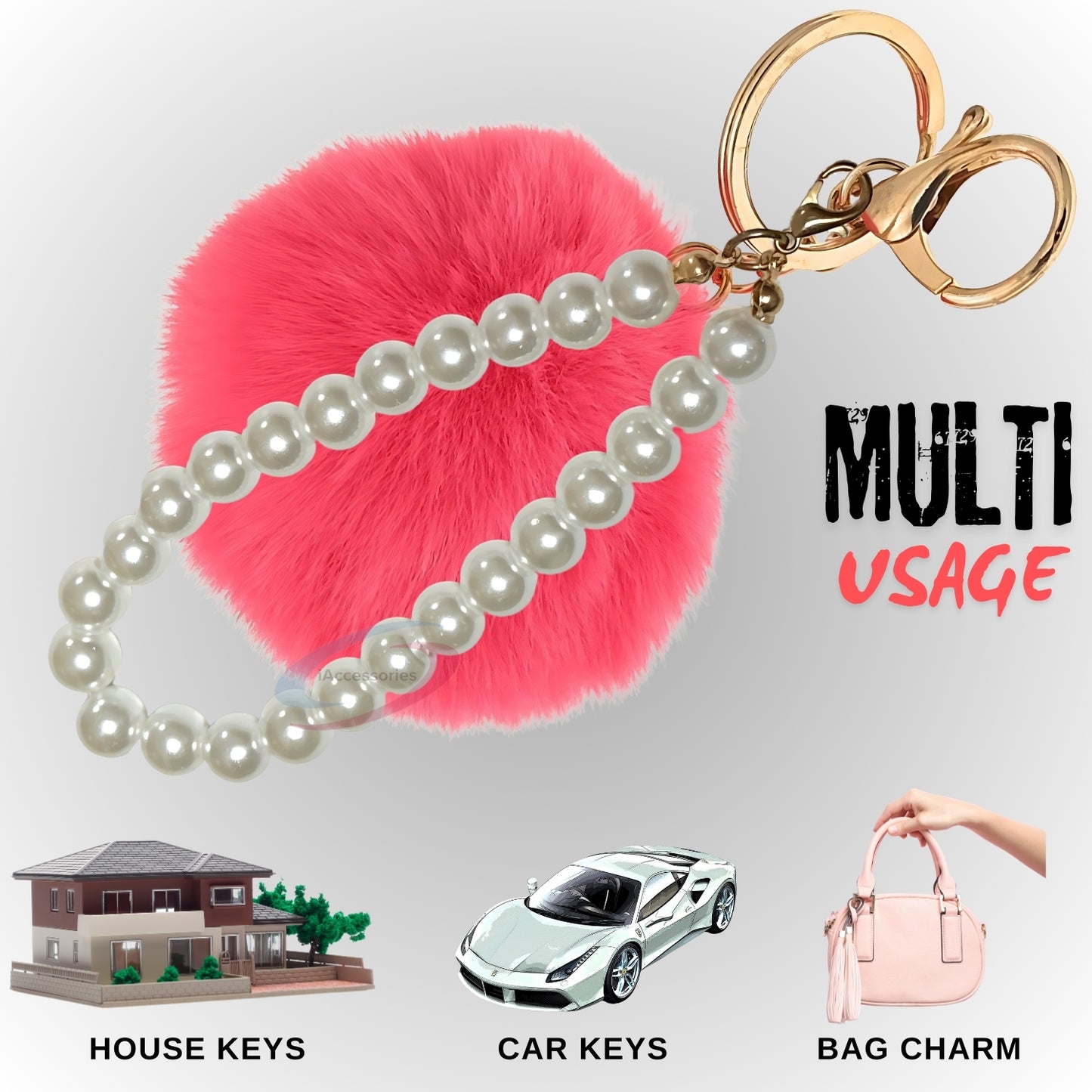 iAccessories Faux Fur Pompom with Pearls Keychain Charm - Rose Color for Girls' Bags, Cars, Scooty, Bike, Home Keys - iAccessories