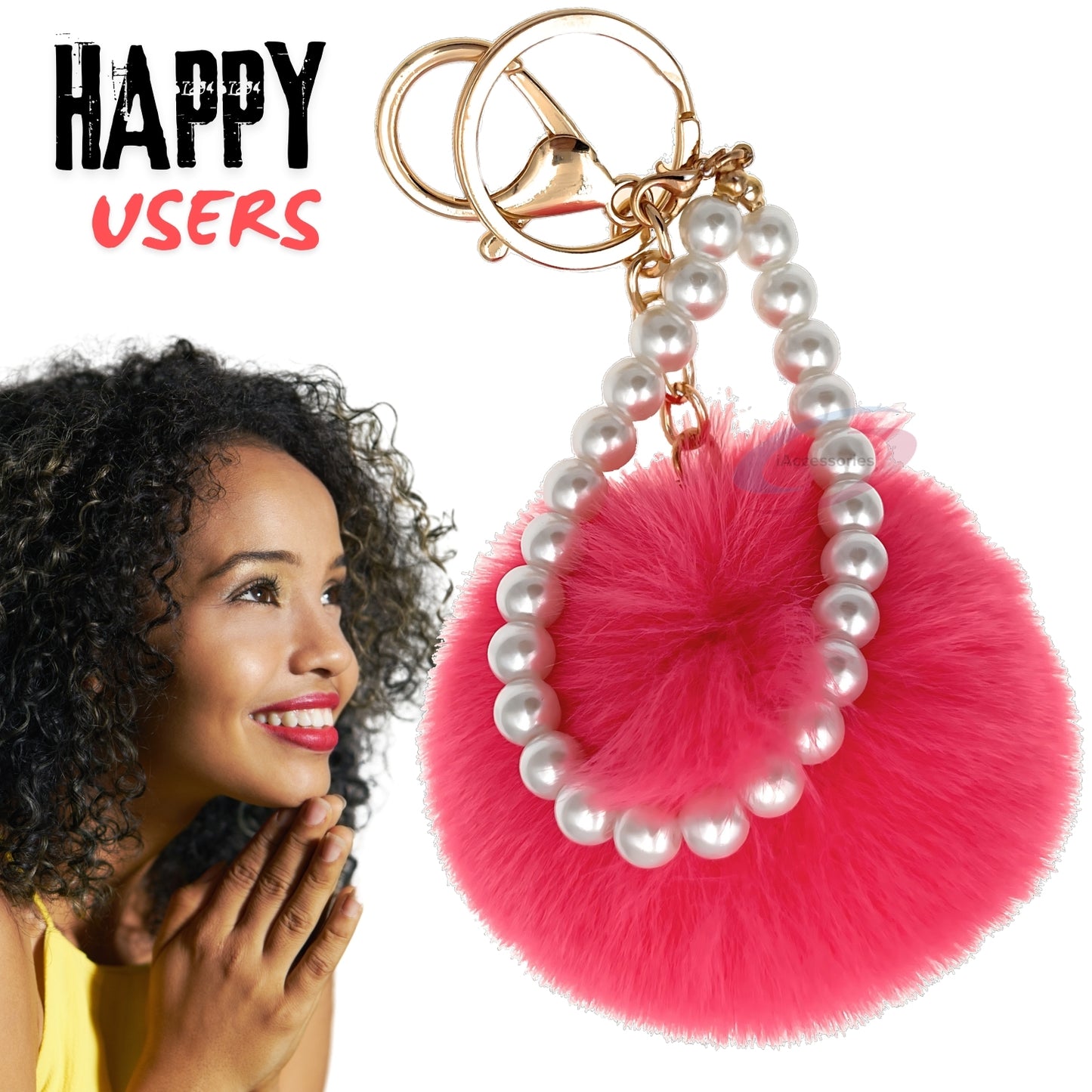 iAccessories Faux Fur Pompom with Pearls Keychain Charm - Rose Color for Girls' Bags, Cars, Scooty, Bike, Home Keys - iAccessories
