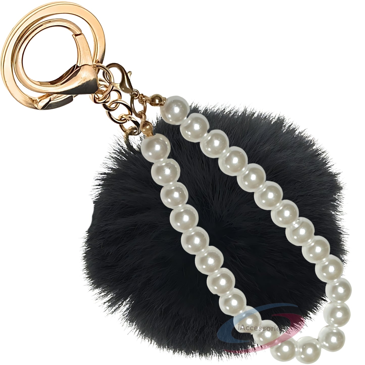 iAccessories Faux Fur Pompom with Pearls Keychain Charm - Black Color for Girls' Bags, Cars, Scooty, Bike, Home Keys - iAccessories