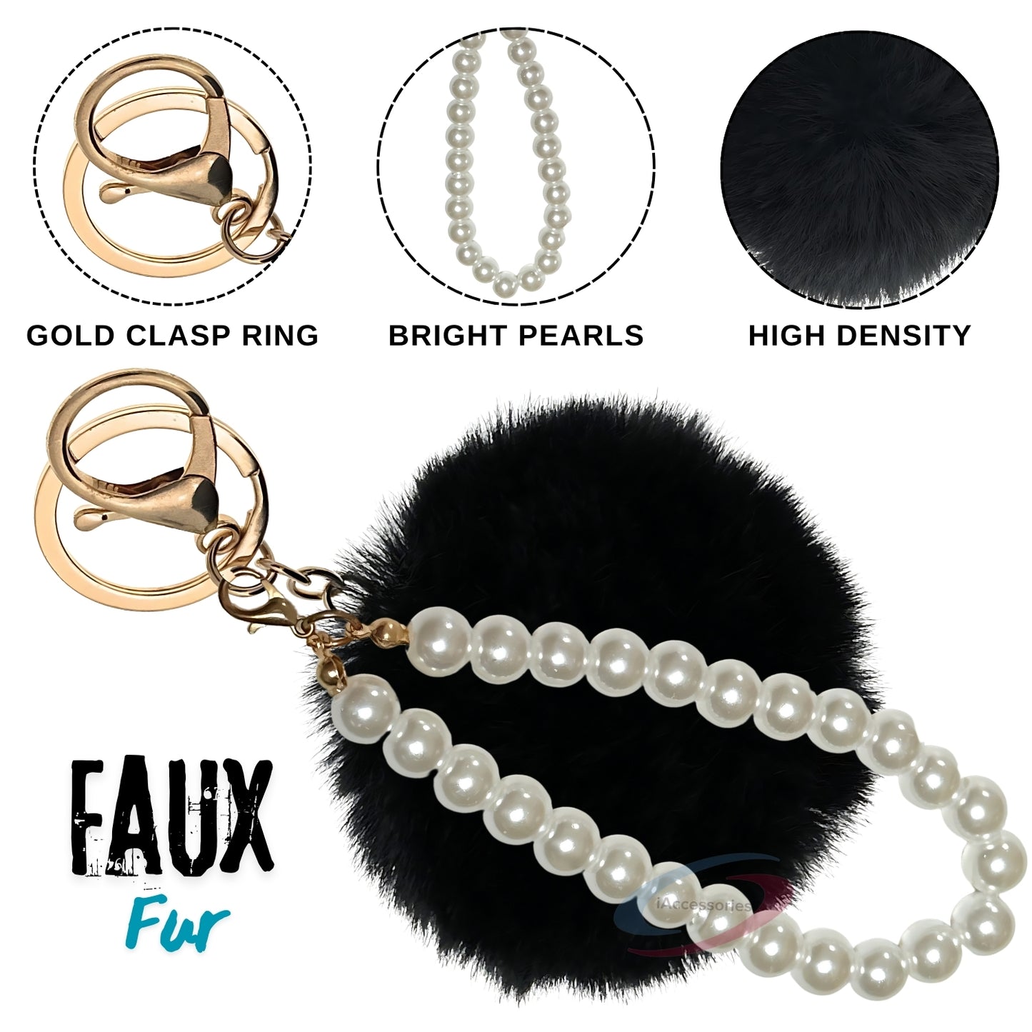 iAccessories Faux Fur Pompom with Pearls Keychain Charm - Black Color for Girls' Bags, Cars, Scooty, Bike, Home Keys - iAccessories