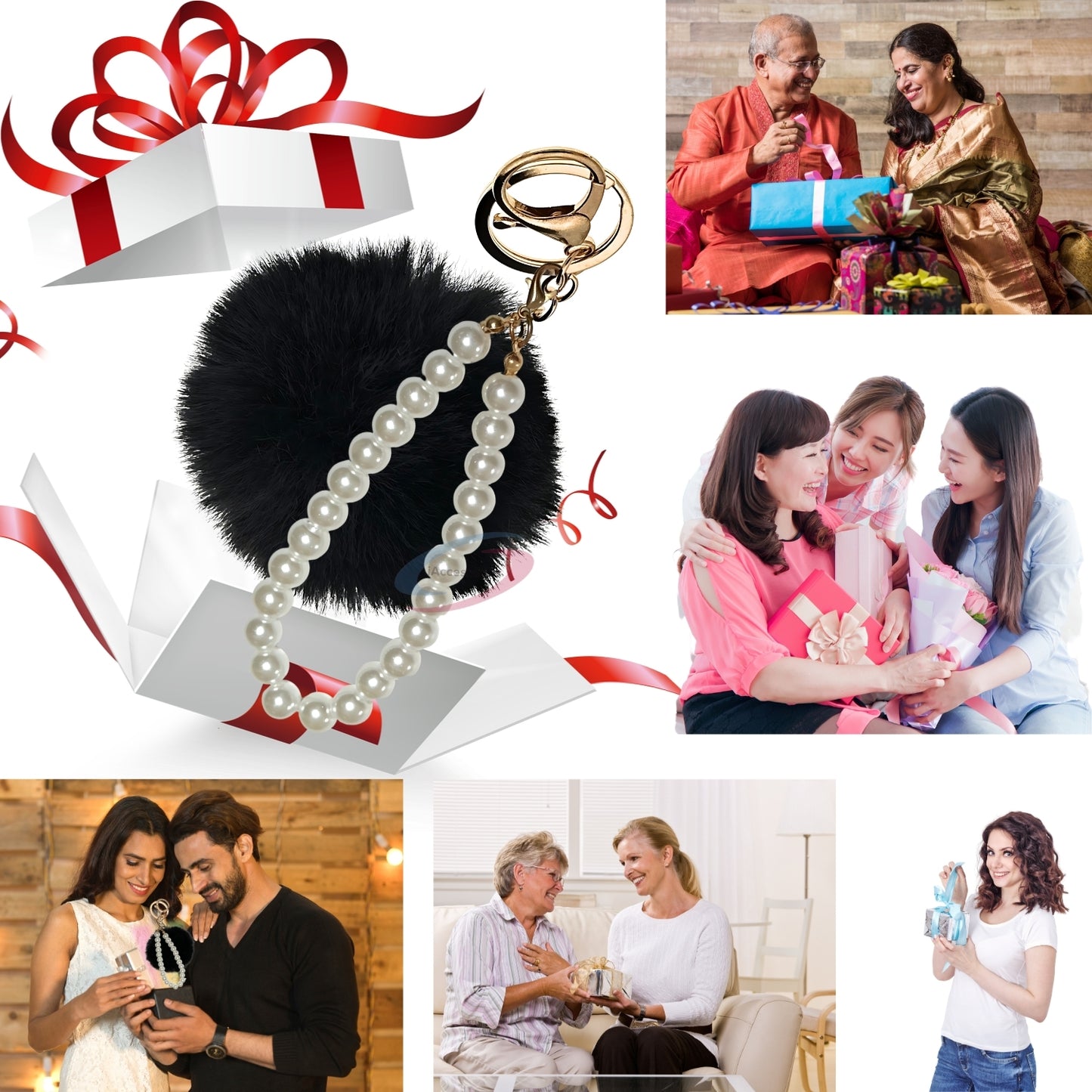 iAccessories Faux Fur Pompom with Pearls Keychain Charm - Black Color for Girls' Bags, Cars, Scooty, Bike, Home Keys - iAccessories