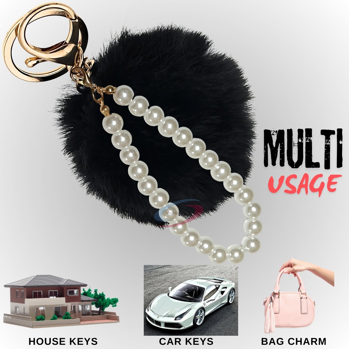 iAccessories Faux Fur Pompom with Pearls Keychain Charm - Black Color for Girls' Bags, Cars, Scooty, Bike, Home Keys - iAccessories