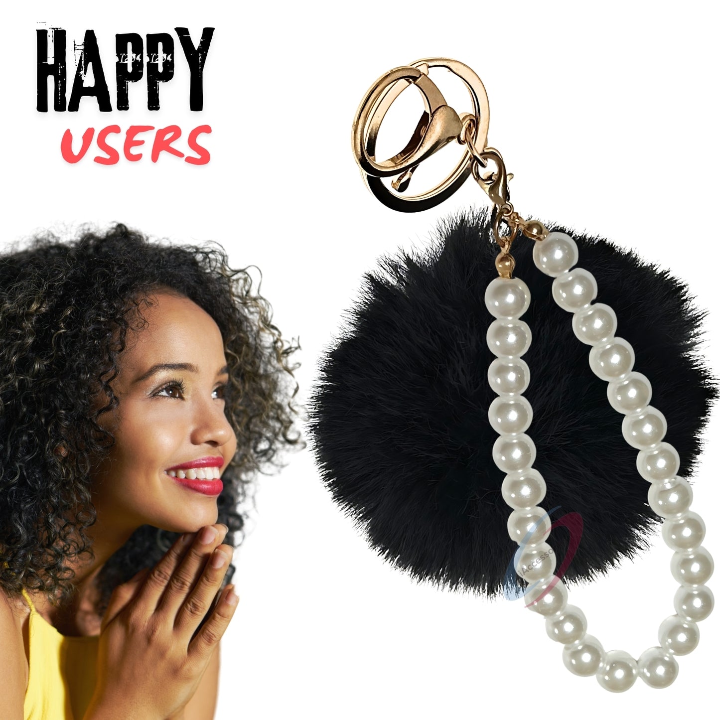 iAccessories Faux Fur Pompom with Pearls Keychain Charm - Black Color for Girls' Bags, Cars, Scooty, Bike, Home Keys - iAccessories