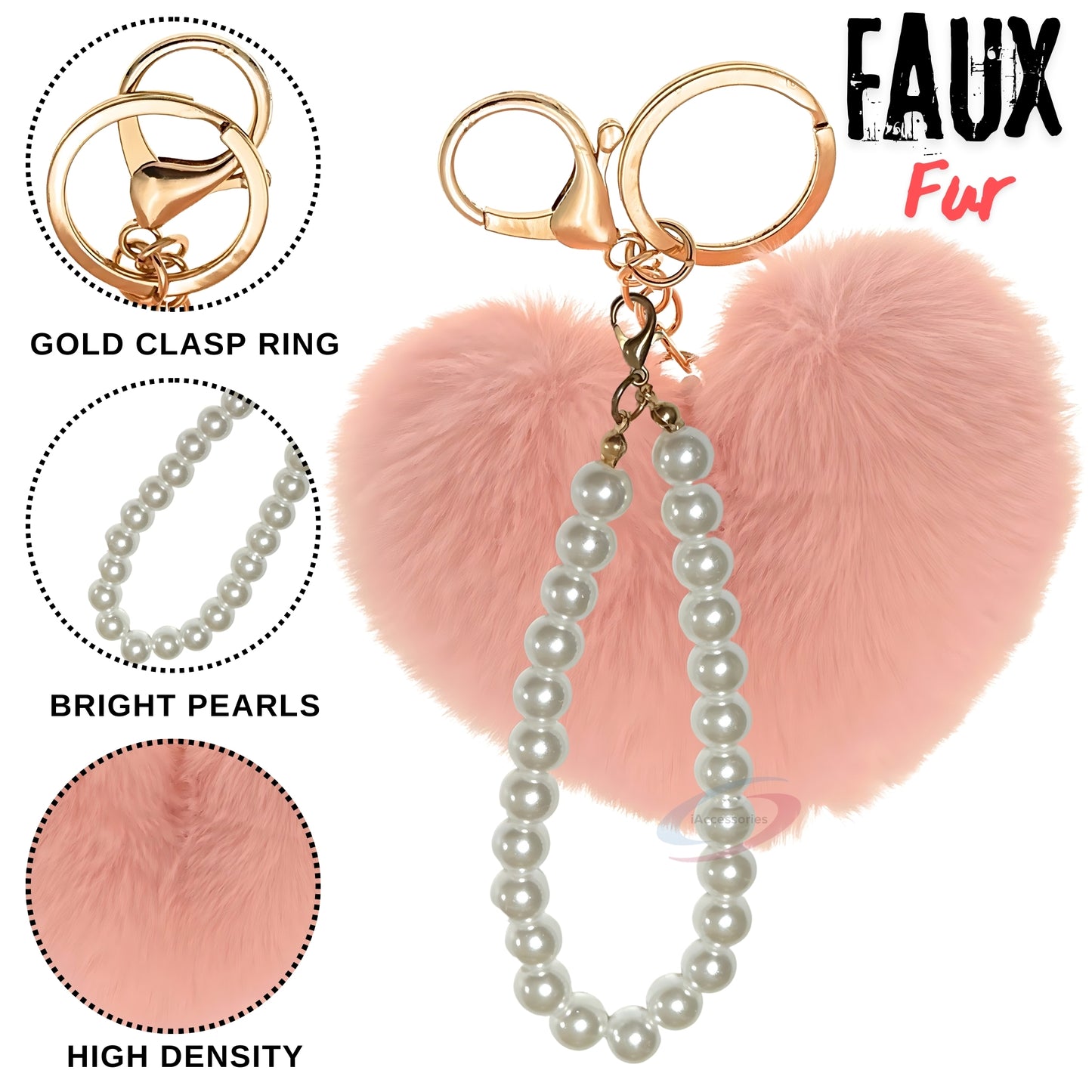 iAccessories Fluffy Faux Fur Soft Pompom Heart Keychain Charm with Pearls - Baby Pink - iAccessories