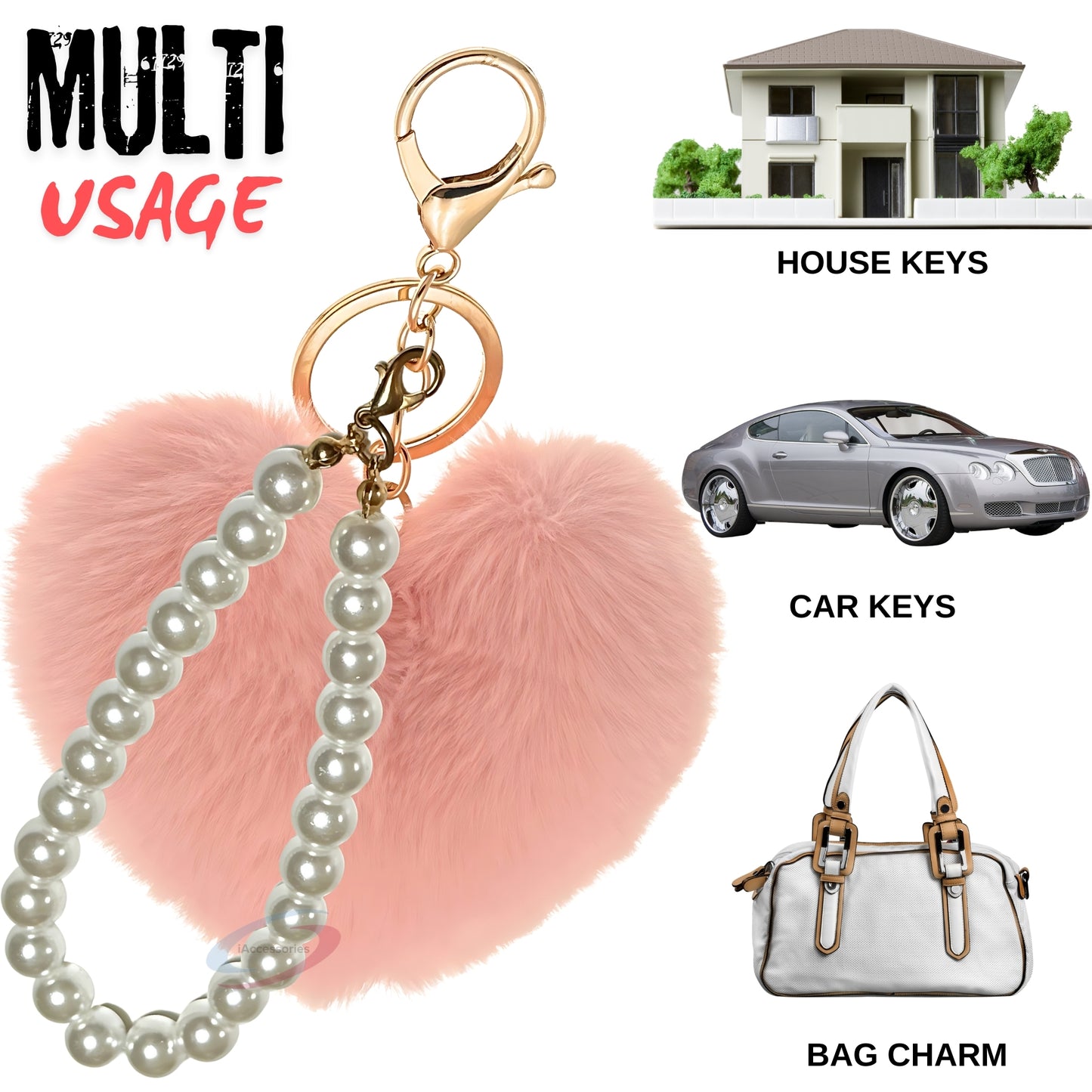 iAccessories Fluffy Faux Fur Soft Pompom Heart Keychain Charm with Pearls - Baby Pink - iAccessories