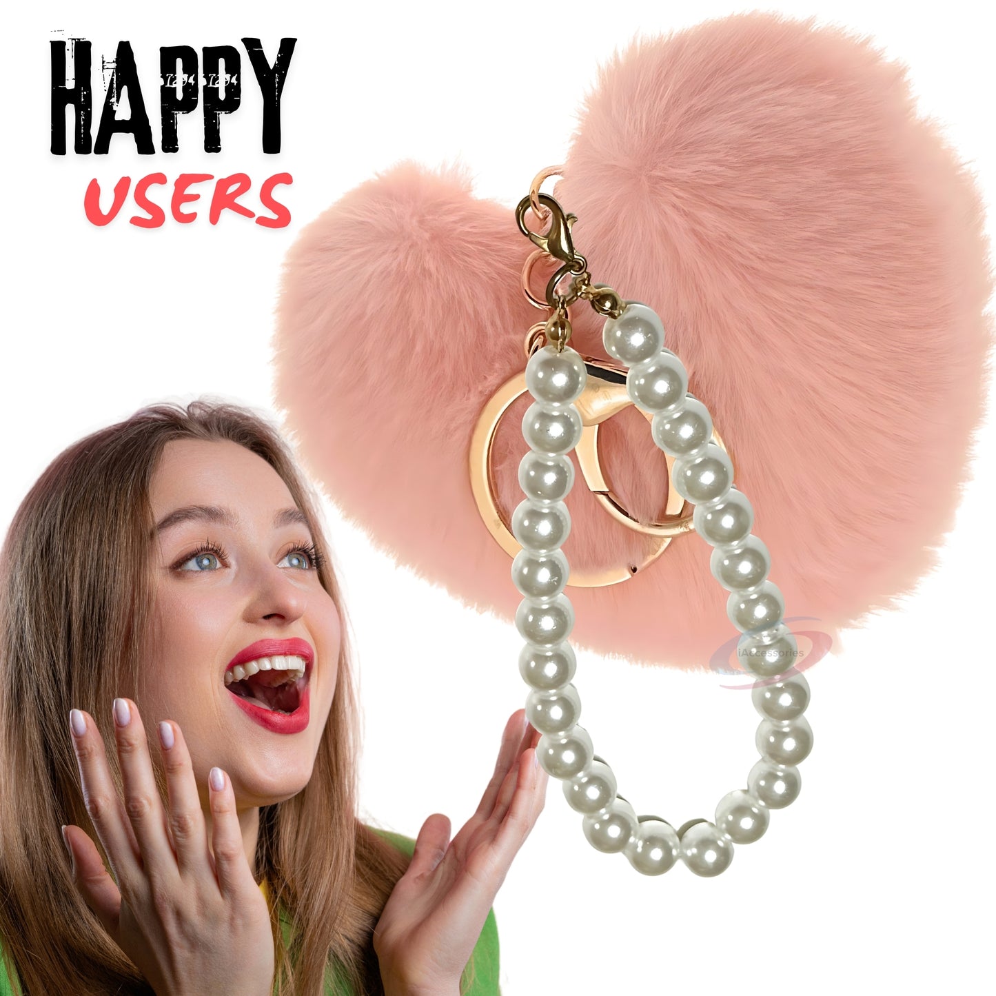 iAccessories Fluffy Faux Fur Soft Pompom Heart Keychain Charm with Pearls - Baby Pink - iAccessories