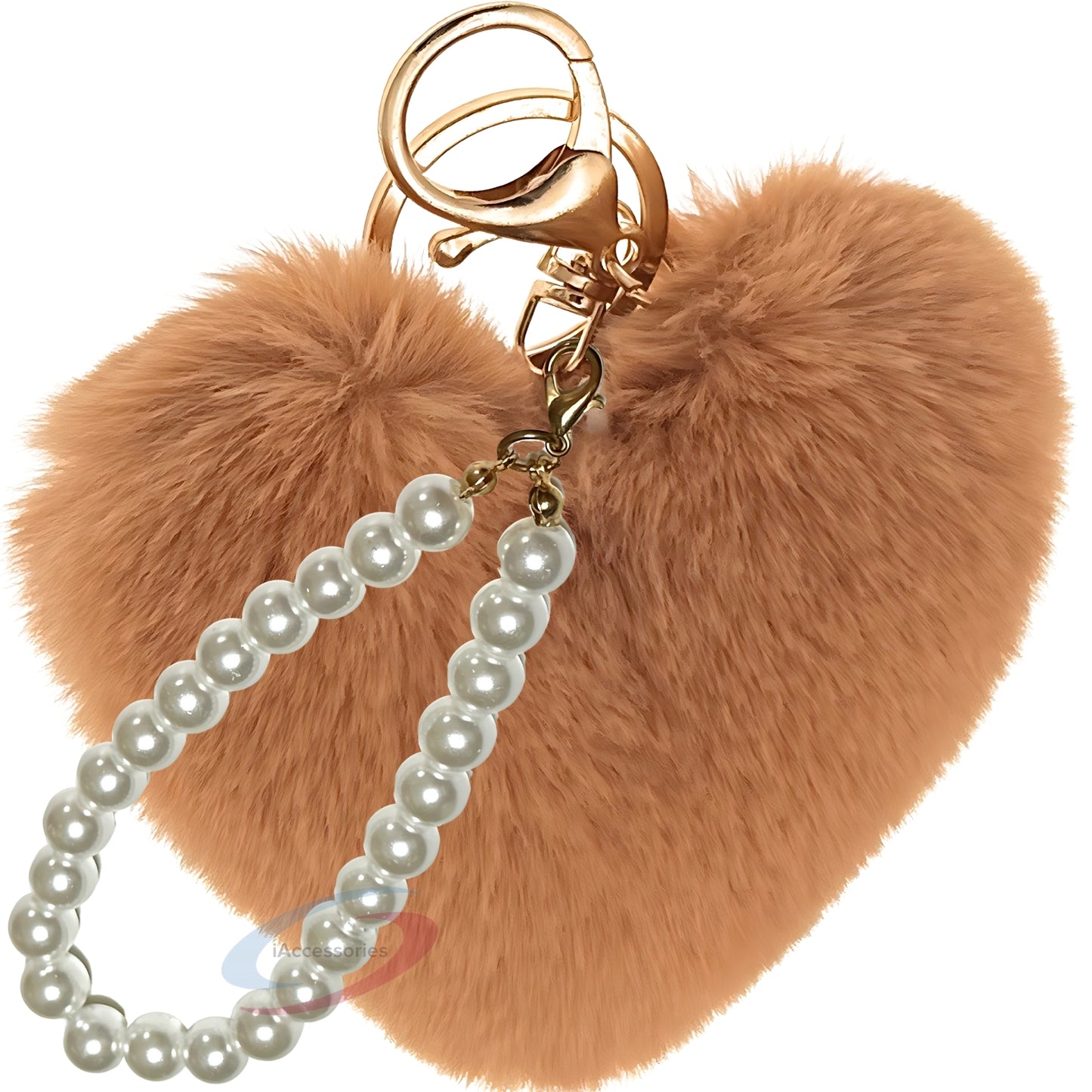 iAccessories Fluffy Faux Fur Soft Pompom Heart Keychain Charm with Pearls - Brown - iAccessories