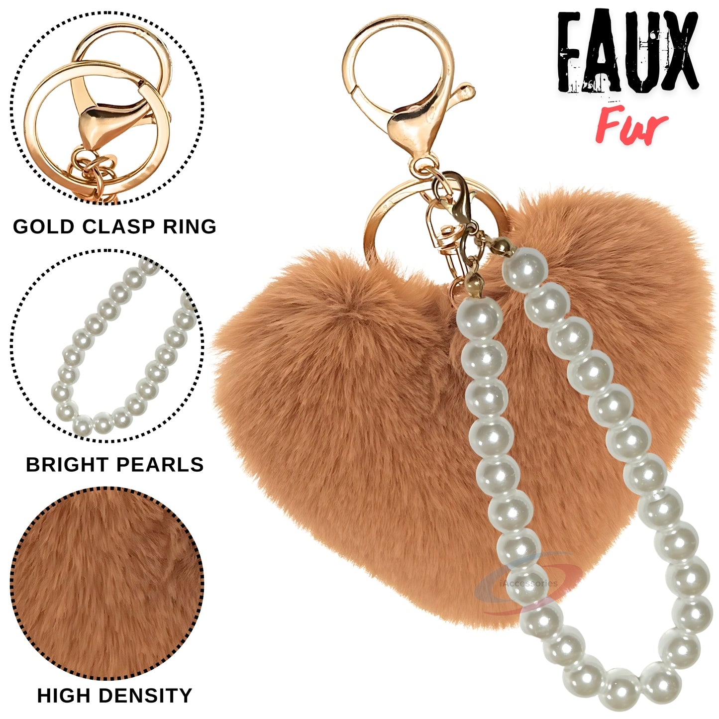 iAccessories Fluffy Faux Fur Soft Pompom Heart Keychain Charm with Pearls - Brown - iAccessories