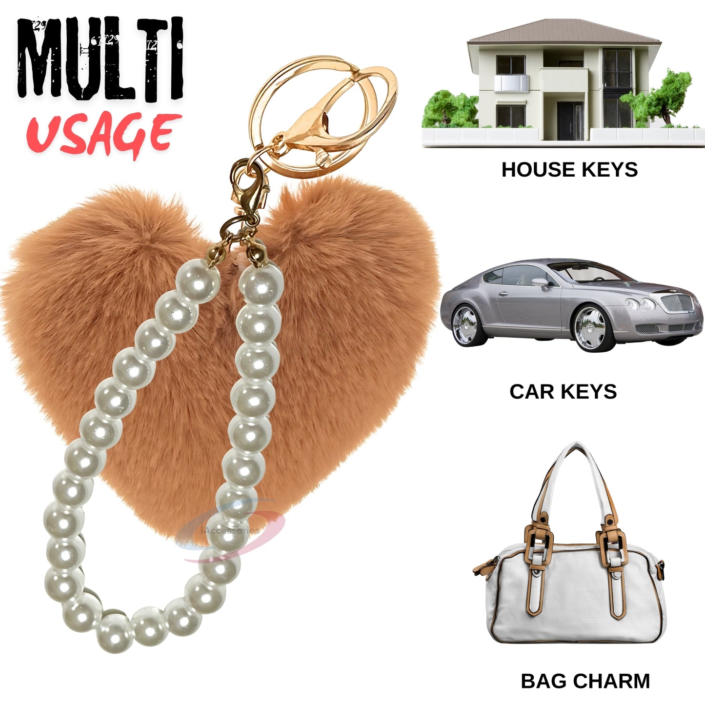 iAccessories Fluffy Faux Fur Soft Pompom Heart Keychain Charm with Pearls - Brown - iAccessories