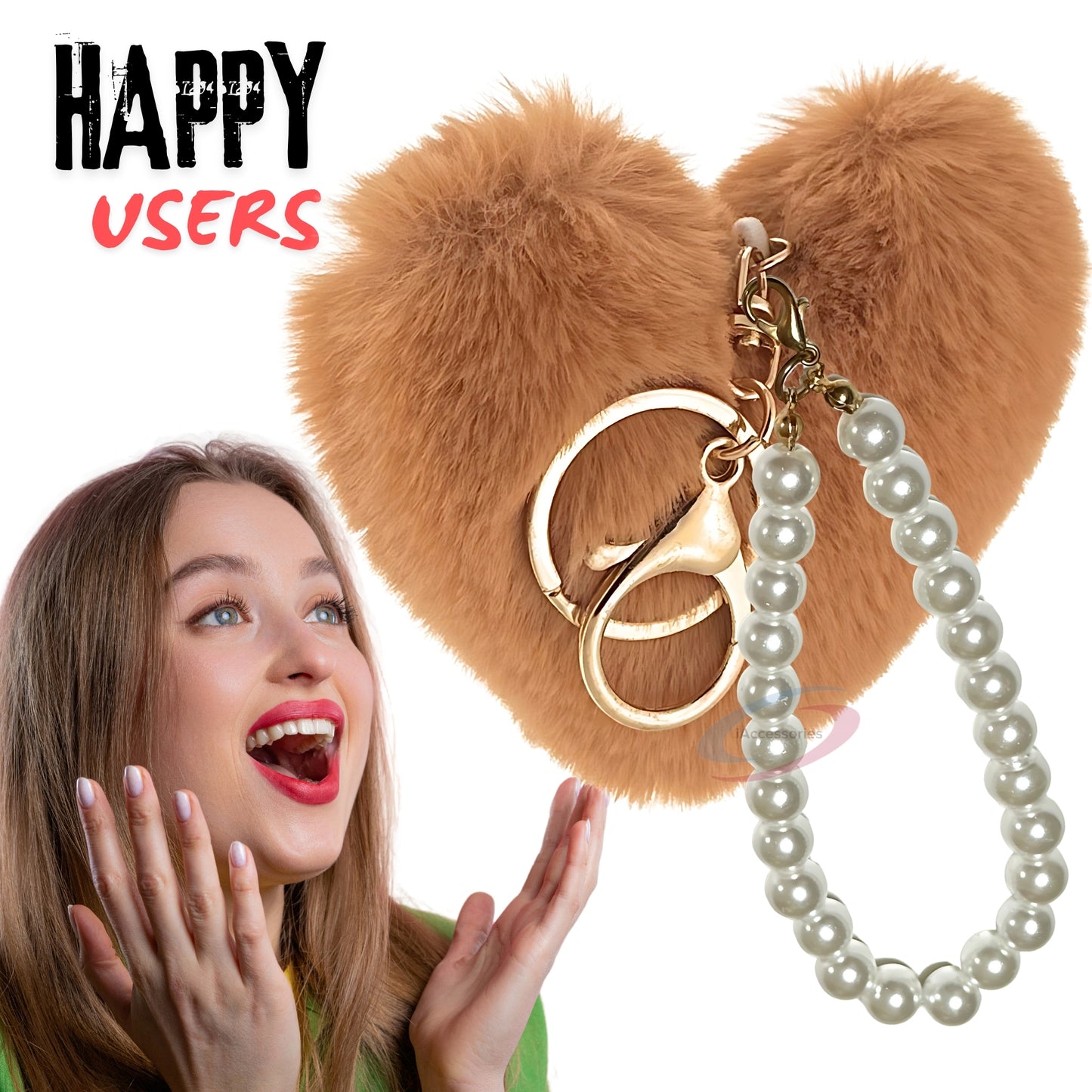 iAccessories Fluffy Faux Fur Soft Pompom Heart Keychain Charm with Pearls - Brown - iAccessories