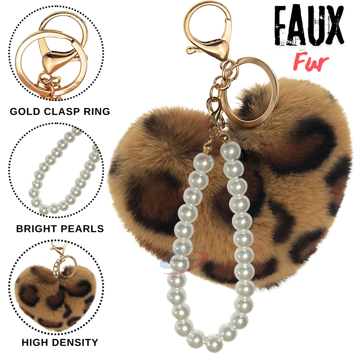 iAccessories Fluffy Faux Fur Soft Pompom Heart Keychain Charm with Pearls - Brown Lepo - iAccessories