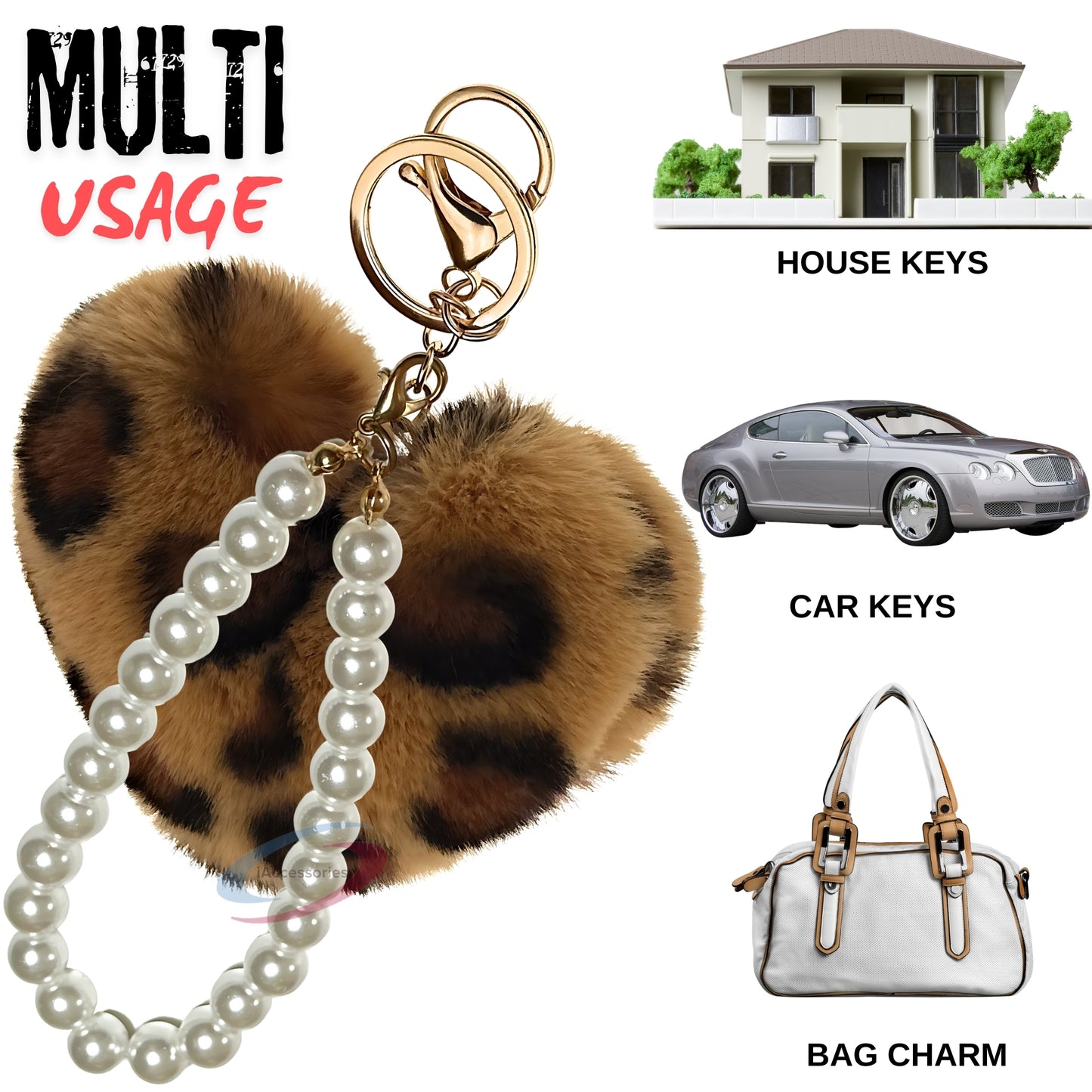 iAccessories Fluffy Faux Fur Soft Pompom Heart Keychain Charm with Pearls - Brown Lepo - iAccessories